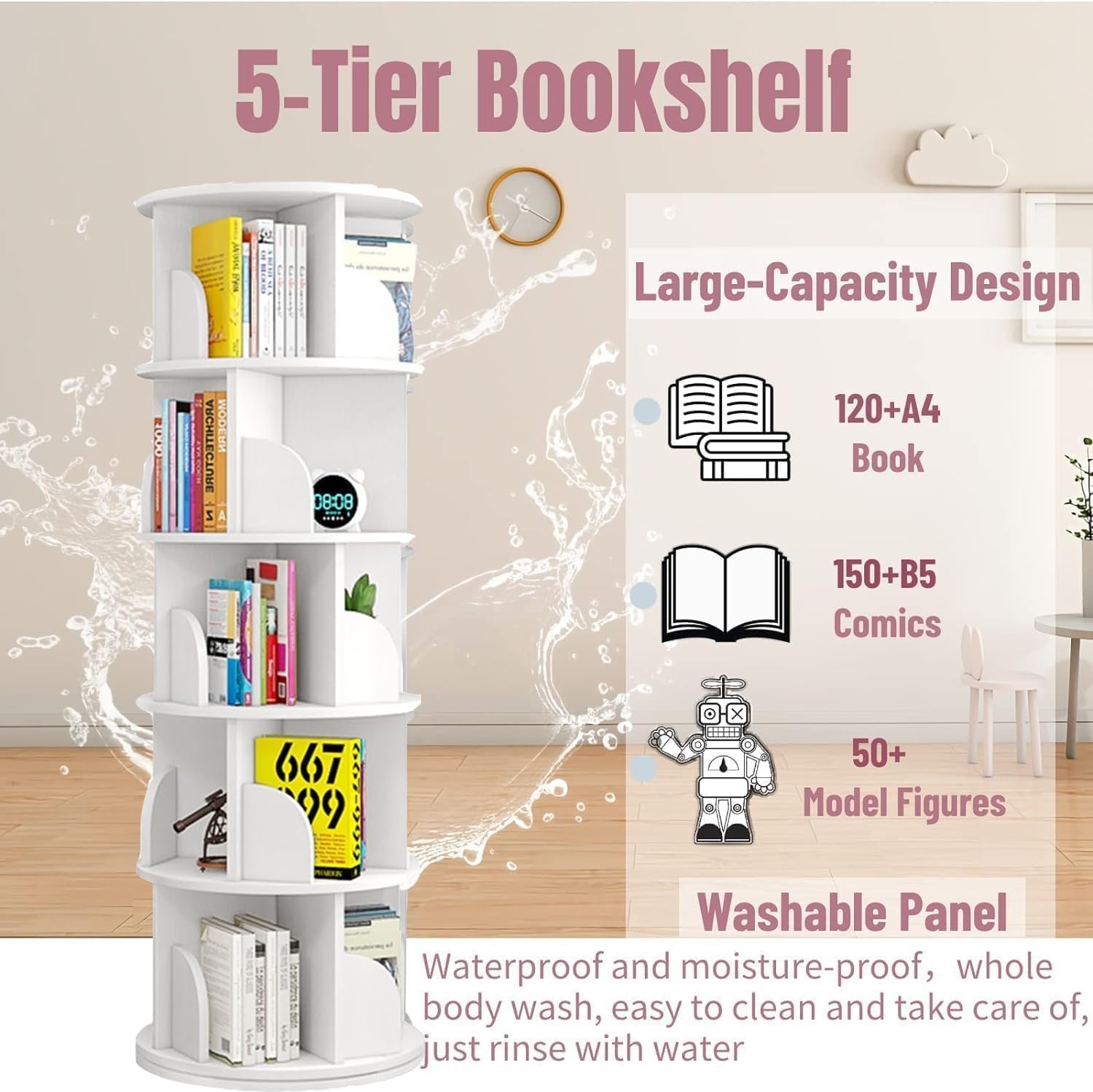 360° Rotating 5-Tier White Bookshelf – Space Saving Swivel Bookcase
