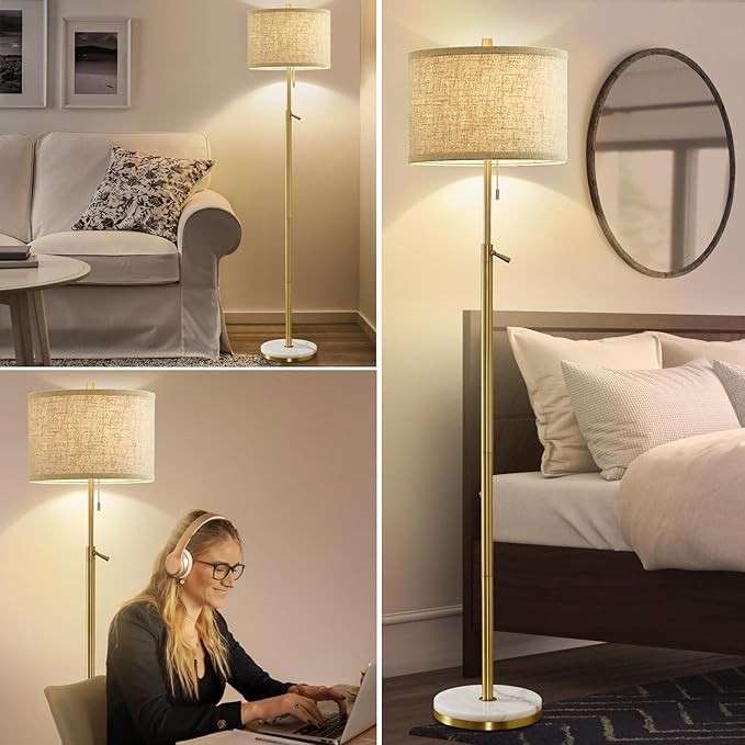 Gold Marble Floor Lamp Adjustable Height Fabric Shade Pull Chain Standing