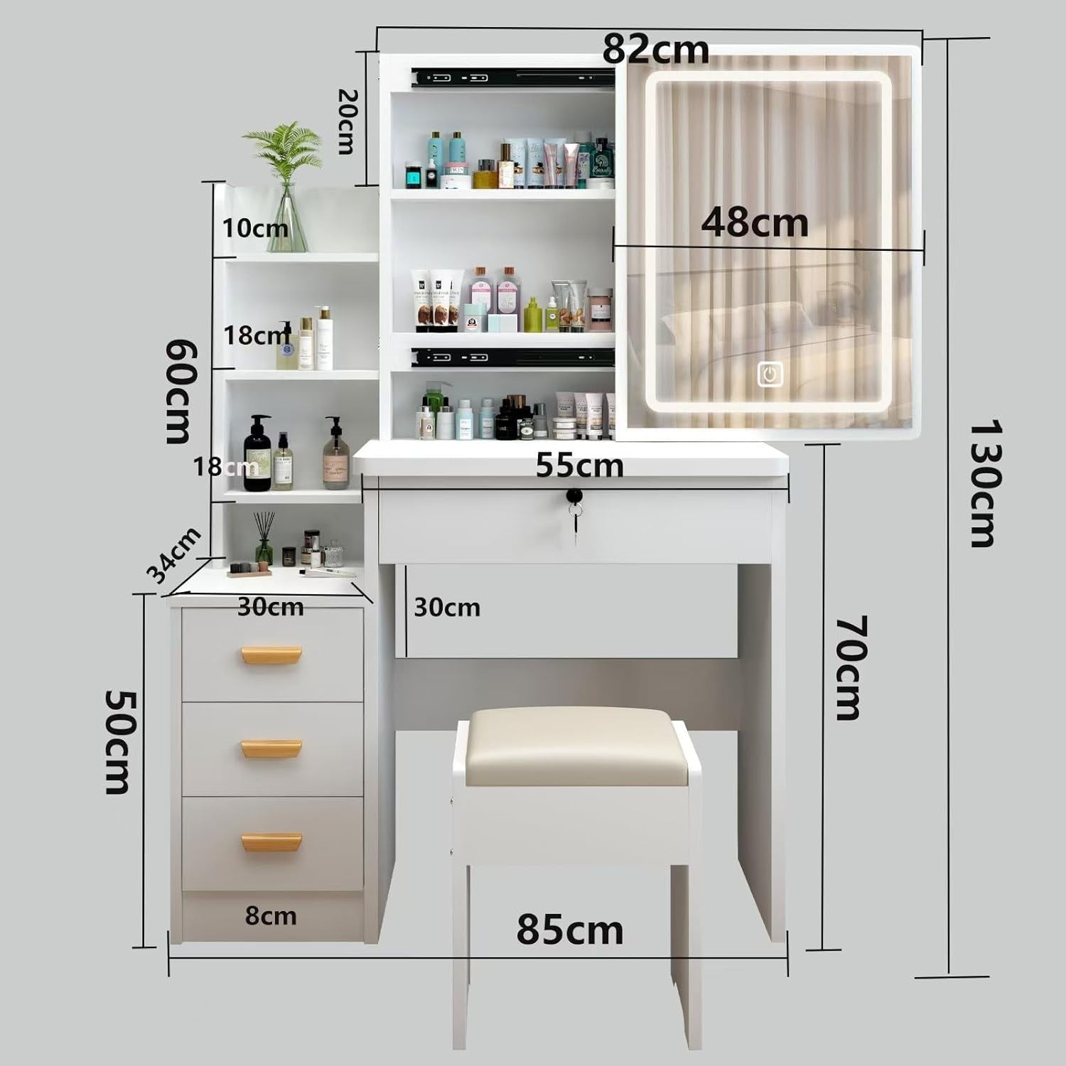 White Dressing Table Vanity Set w/ LED Light Mirror Storage Drawers Modern