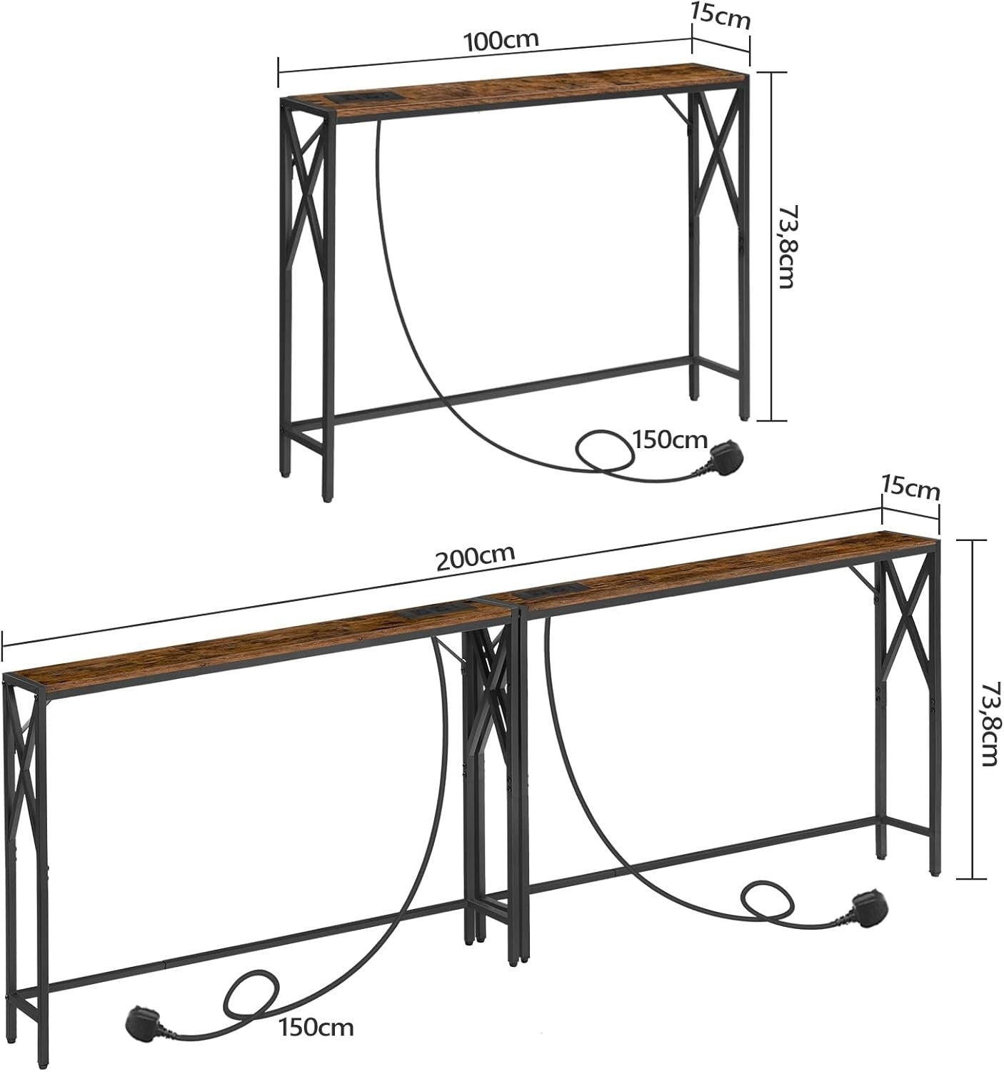 2-Pack Narrow Console Tables with USB Charging & Power Outlets, 100cm