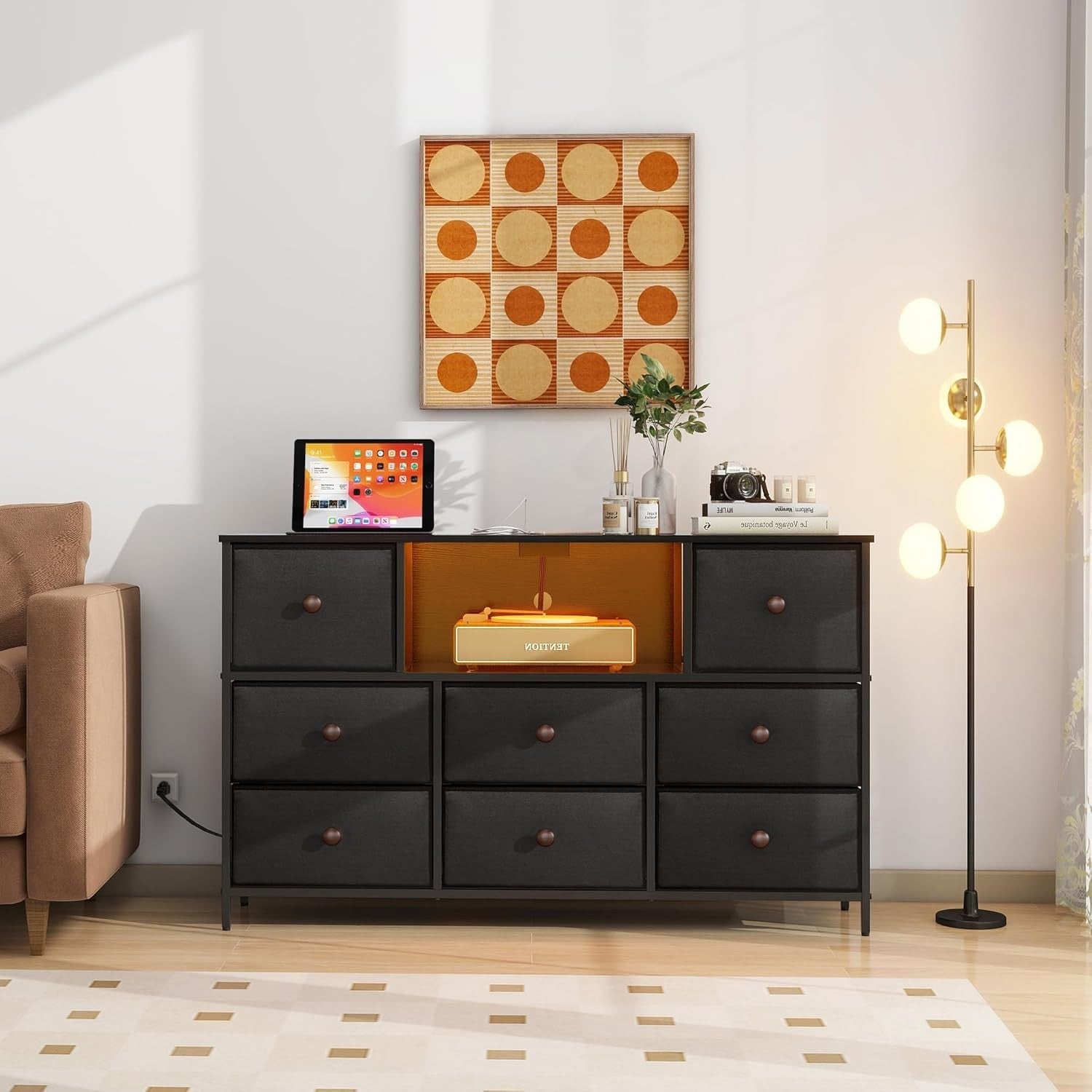 Wide 8-Drawer Chest Dresser TV Stand with LED Lights & USB Charging Ports