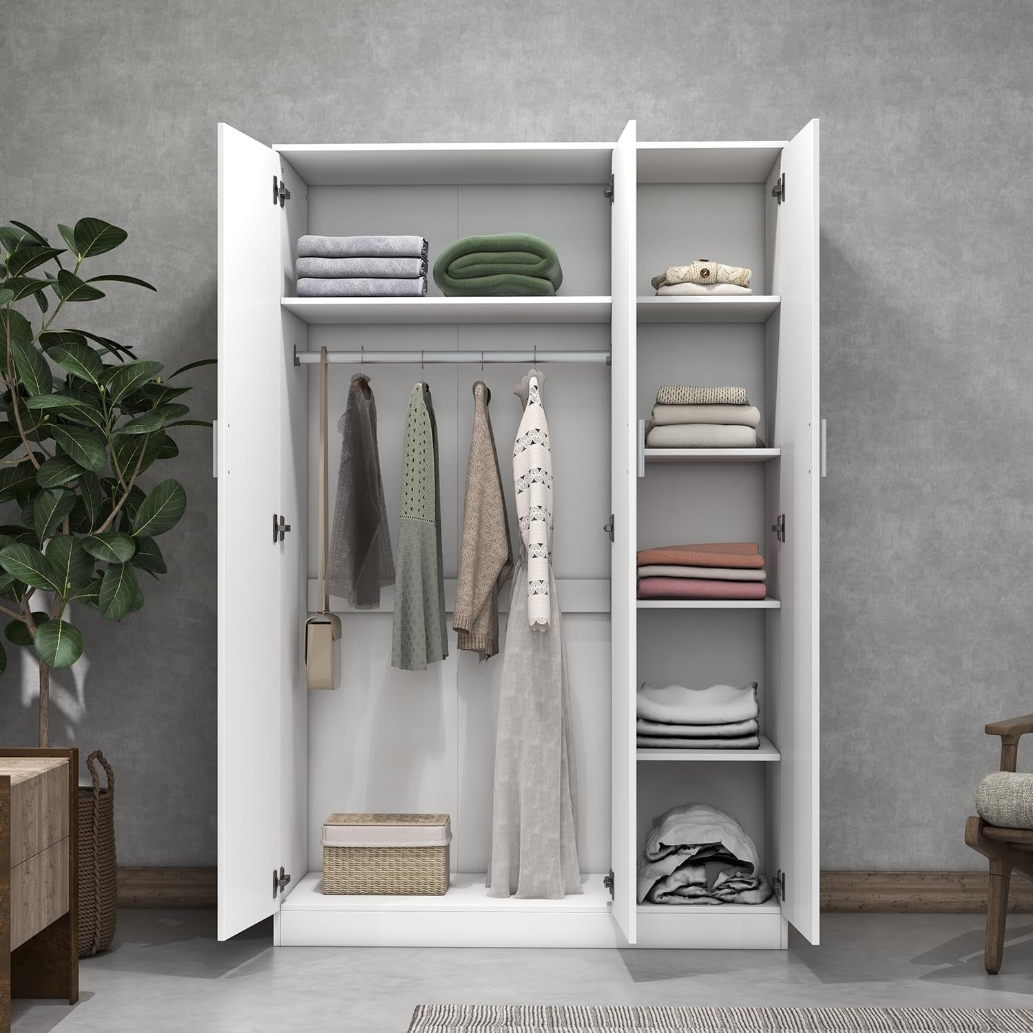 3-Door White Mirrored Wardrobe with Hanging Rail & 6 Storage Compartments