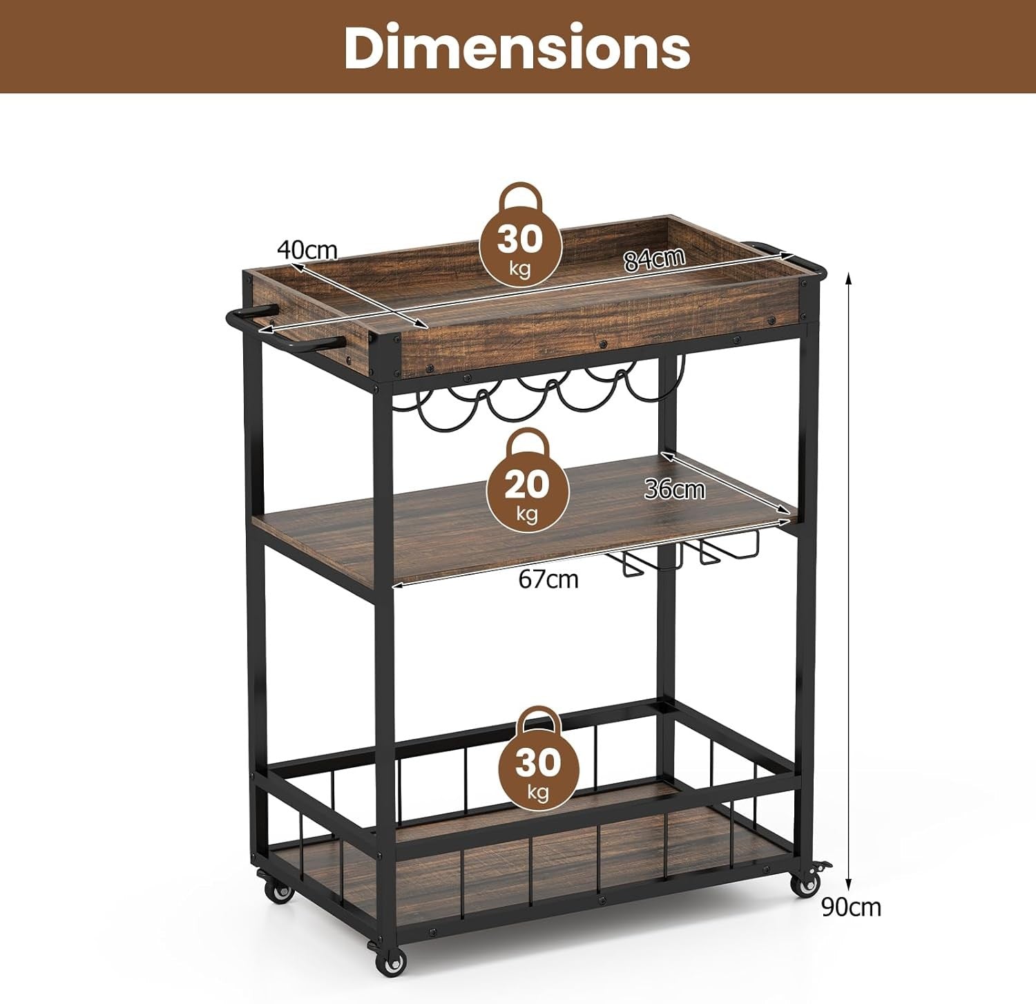 3 Tier Kitchen Trolley Rolling Bar Cart Wine Rack Serving Cart Wheels