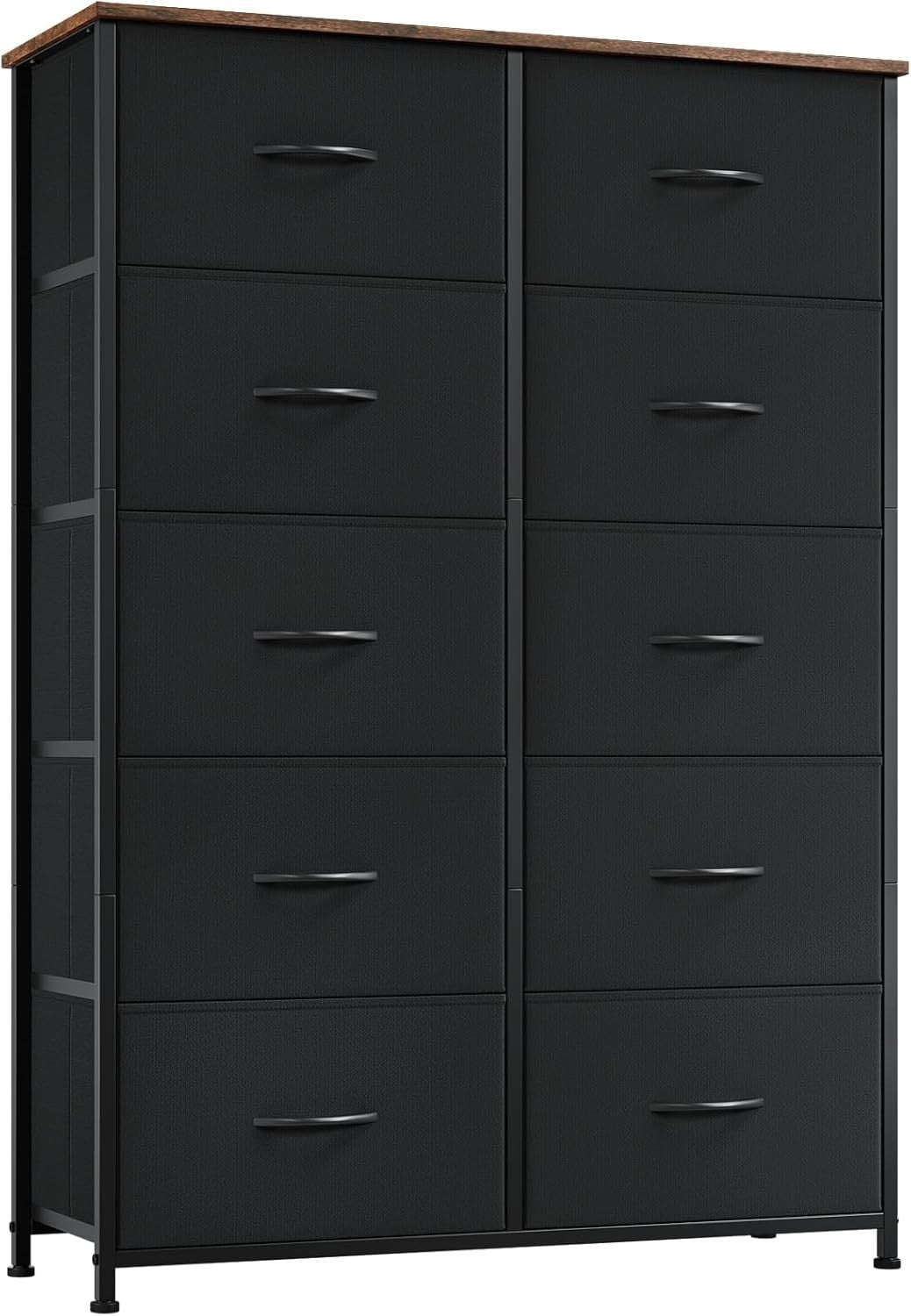 Tall 10 Drawer Fabric Dresser Storage Cabinet Black Wood Bedroom Organizer