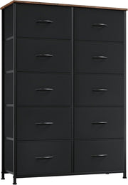 Tall 10 Drawer Fabric Dresser Storage Cabinet Black Wood Bedroom Organizer