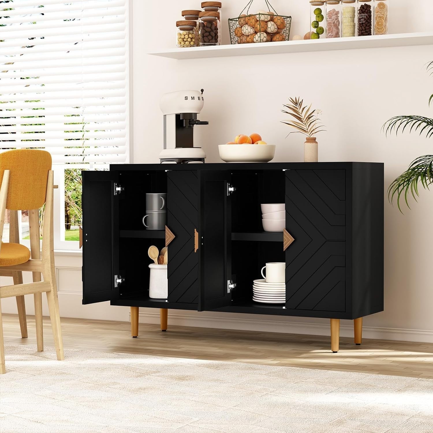 Black Modern Sideboard Cabinet 4 Doors Waterproof Storage Buffet Table