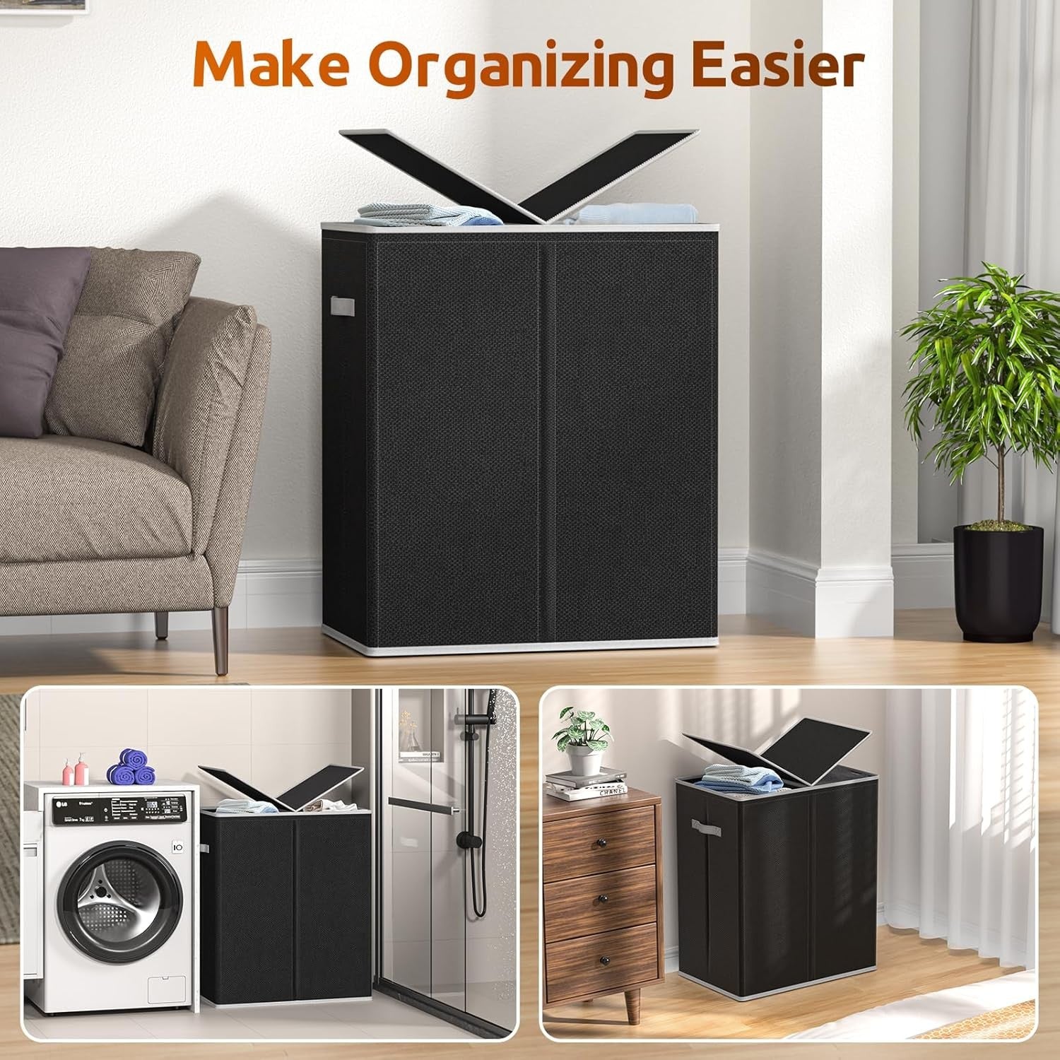 160L Double Laundry Hamper with Lid & 2 Removable Bags Large Clothes Organizer