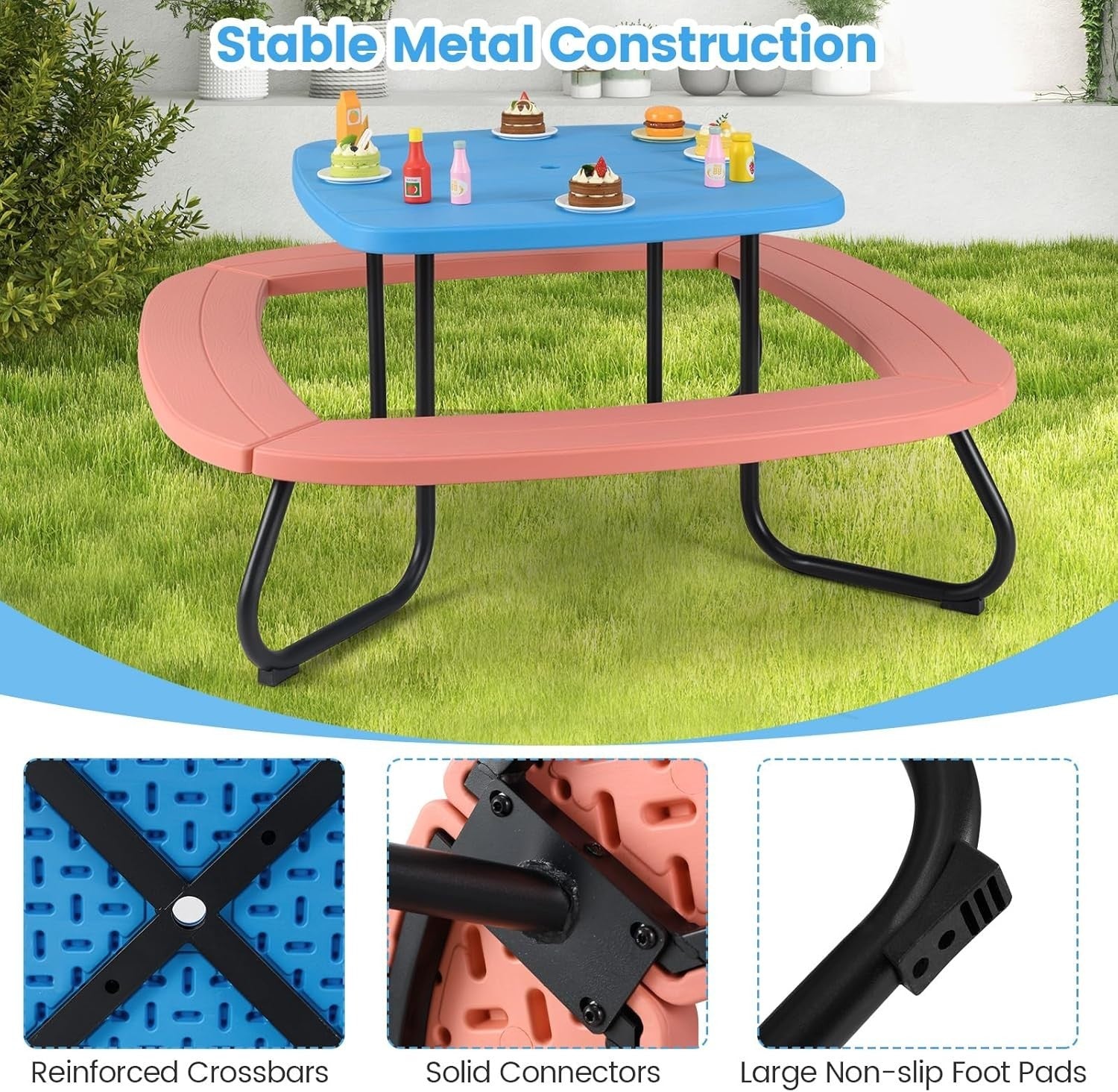 Kids Picnic Table Set with 8 Seats, Adjustable Umbrella, Outdoor Garden Play Tab