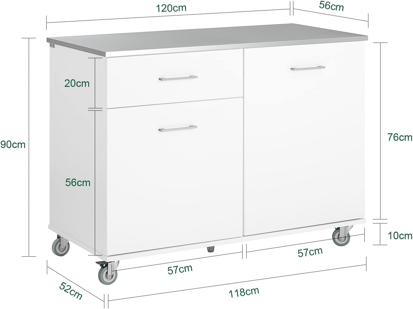 Large Kitchen Island on Wheels Storage Cabinet Stainless Steel Worktop