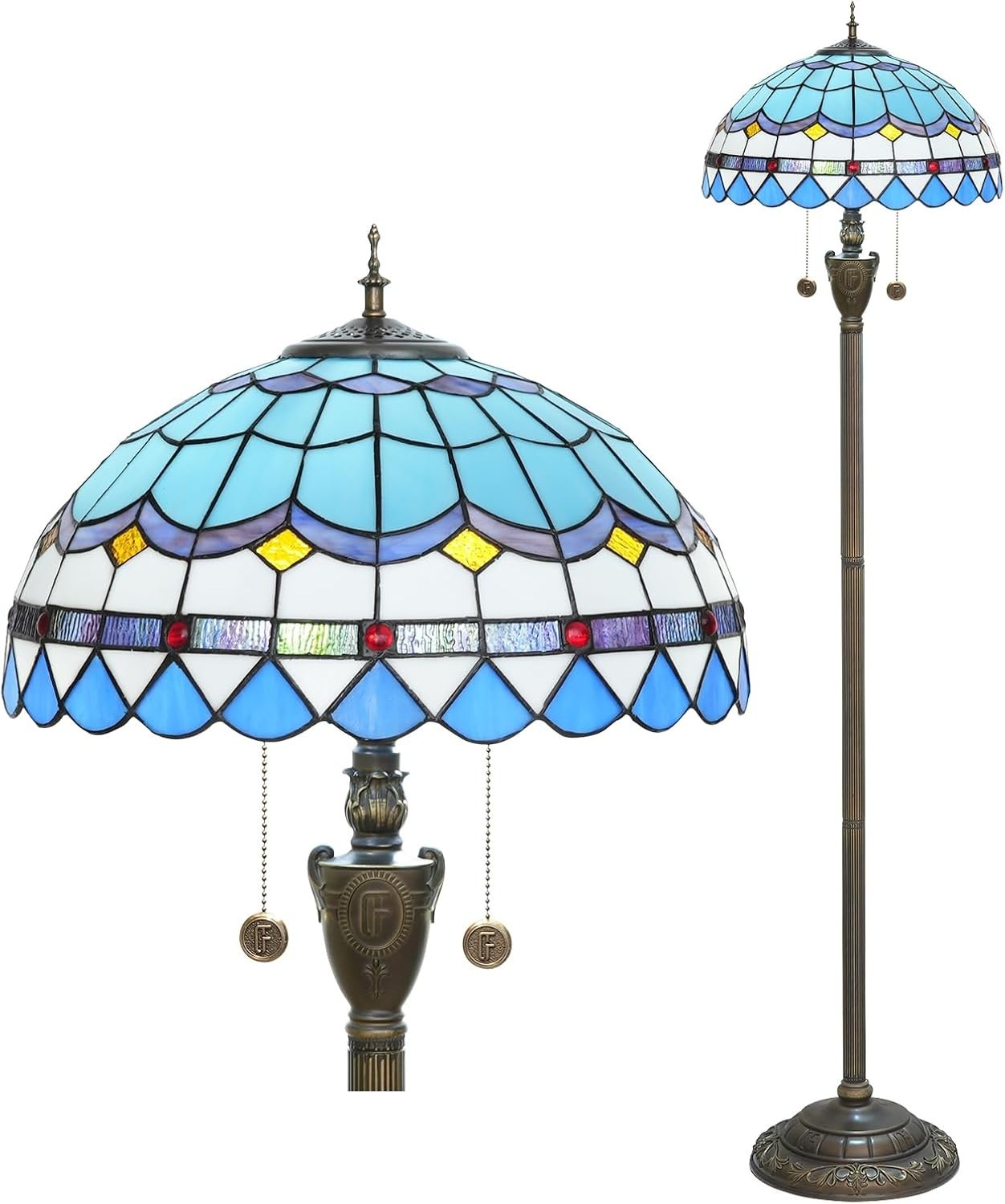 Blue Tiffany Floor Lamp with Stained Glass Shade & Foot Switch