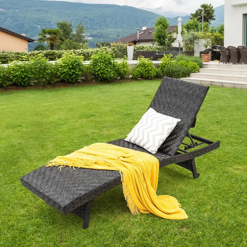Folding Rattan Sun Lounger with Adjustable Backrest & Wheels – Outdoor Recliner