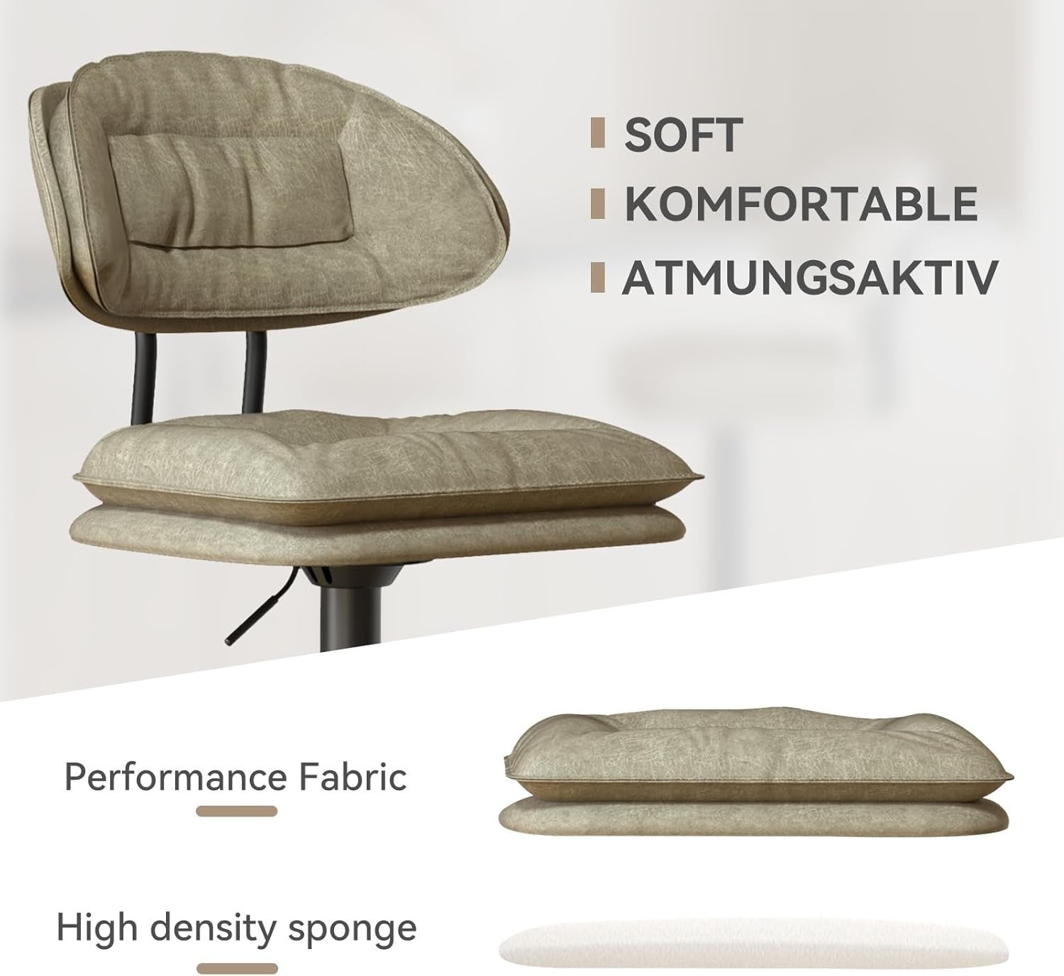 Beige Adjustable Swivel Bar Stools Set of 2 with Back Fabric Counter Height