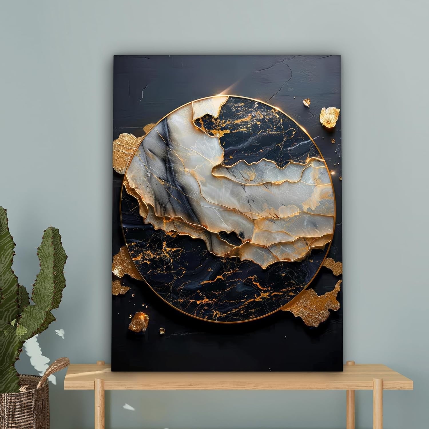 Gold Black Abstract Canvas Wall Art 60x80cm Framed Modern