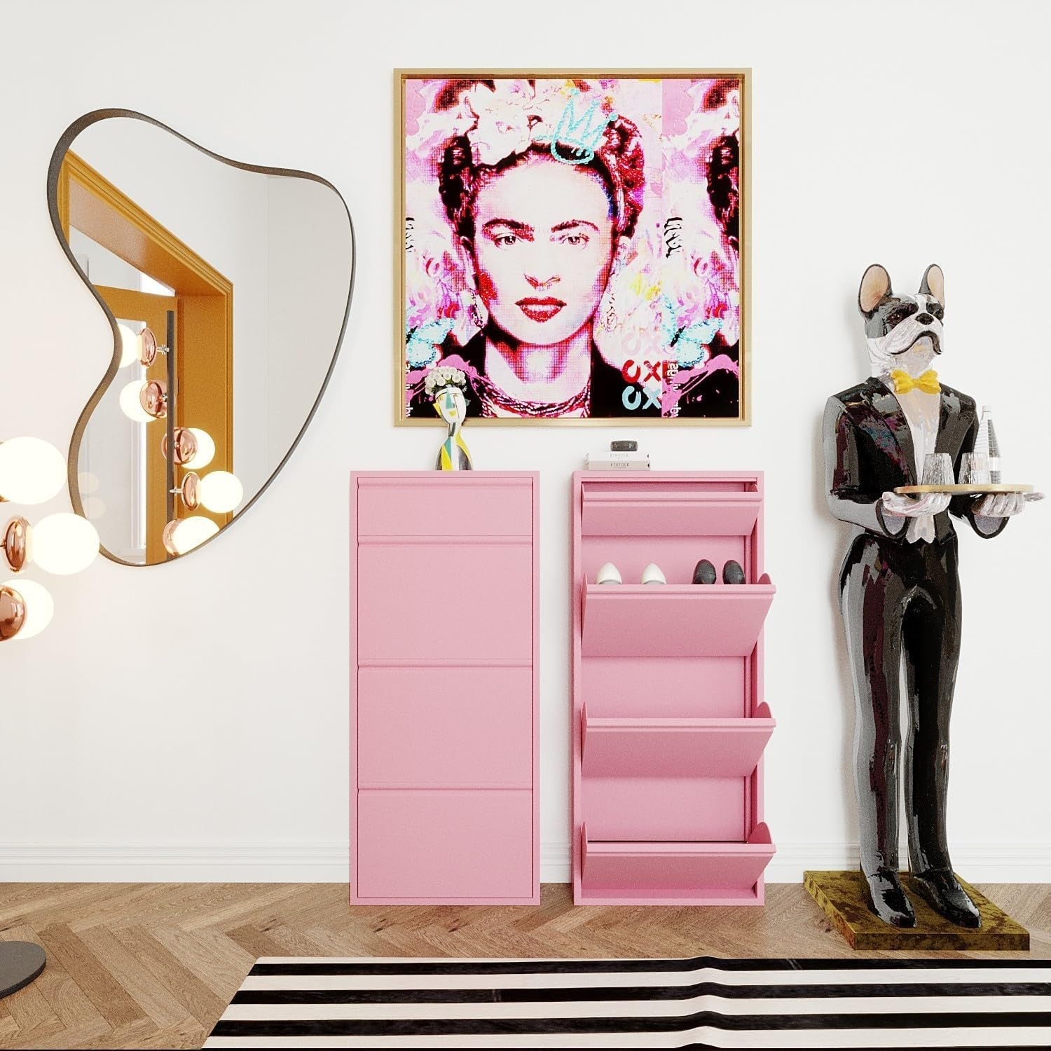 Slim Pink Shoe Cabinet with Drawers – 4 Flip Compartments Hallway Storage