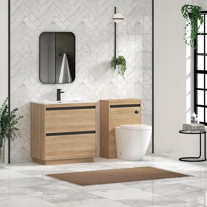 800mm Oak Floor Standing Vanity Unit with Basin Sink 2 Drawer Bathroom Cabinet