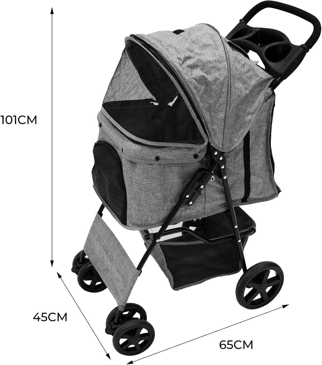 Woven Grey Pet Stroller Pushchair Foldable Travel Pram for Dogs Cats