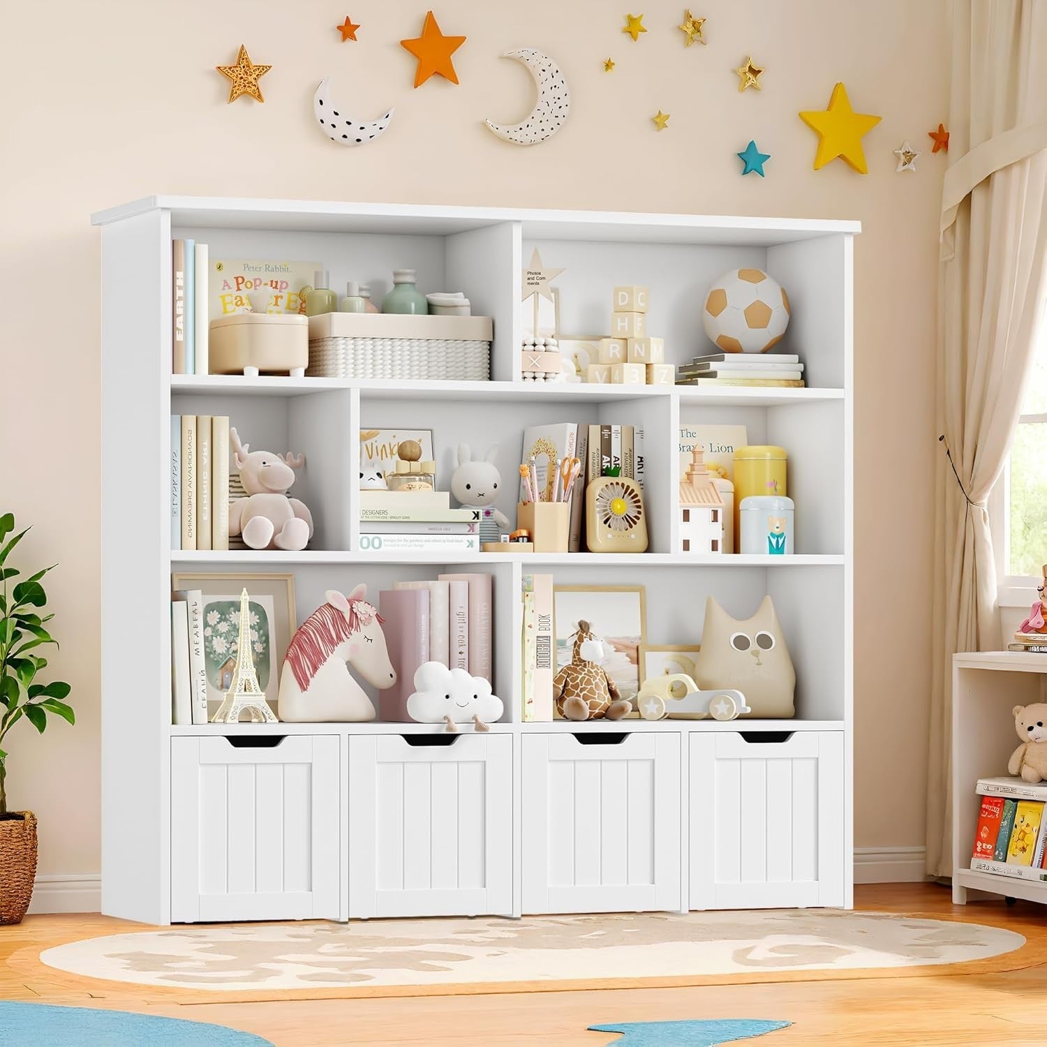 Kids Toy Storage Unit with 7 Open Shelves & 4 Drawer Organizer – White