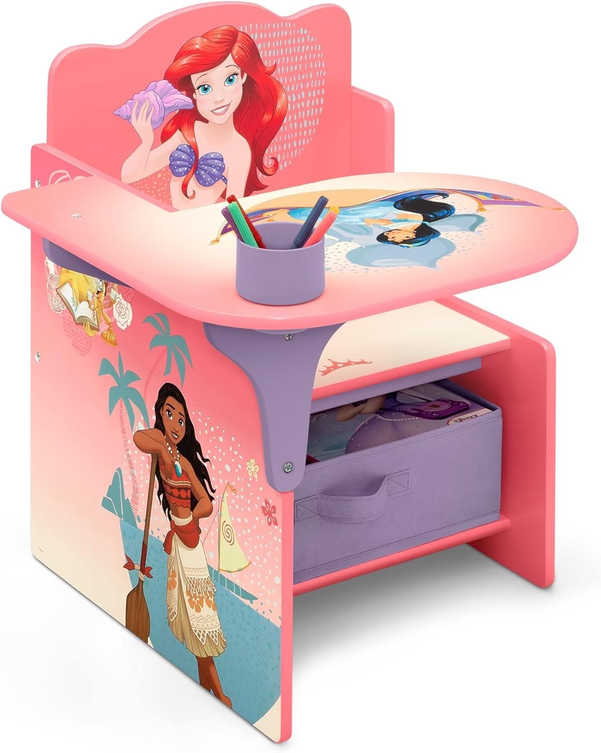 Kids Pink Princess Office Chair with Storage Bin, Comfortable & Space-Saving