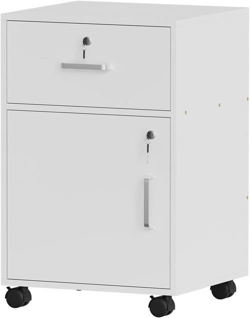 White Lockable Mobile File Cabinet with Door & Drawers Under Desk