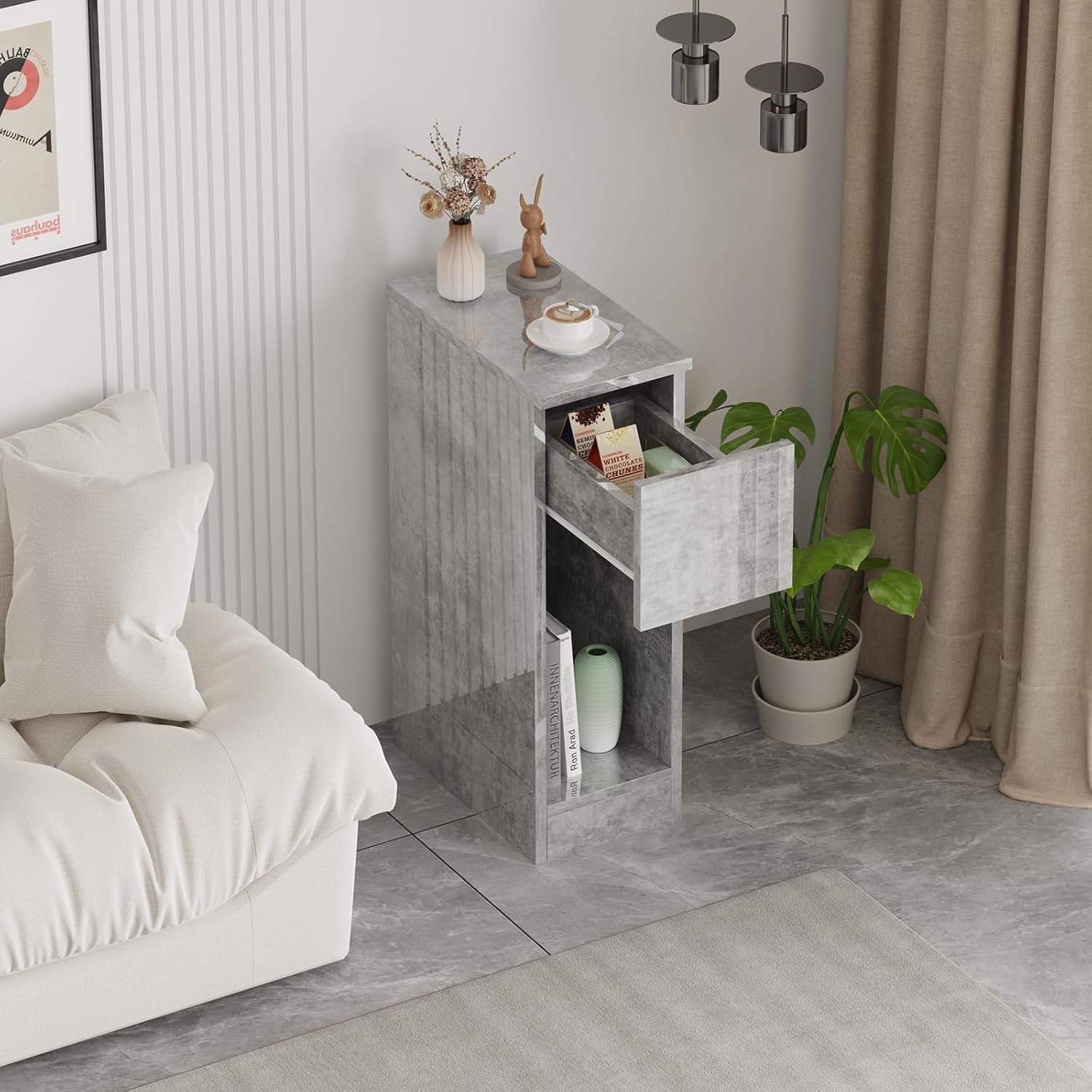 Grey Marble Slim Bedside Table with Drawer & Shelf, Modern Narrow Nightstand