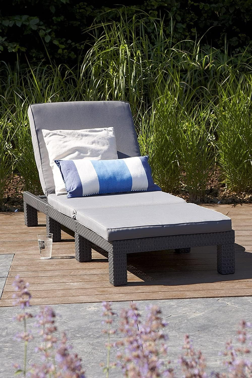 Rattan Effect Reclining Sun Lounger with Cushion Grey 4-Position Garden Chair