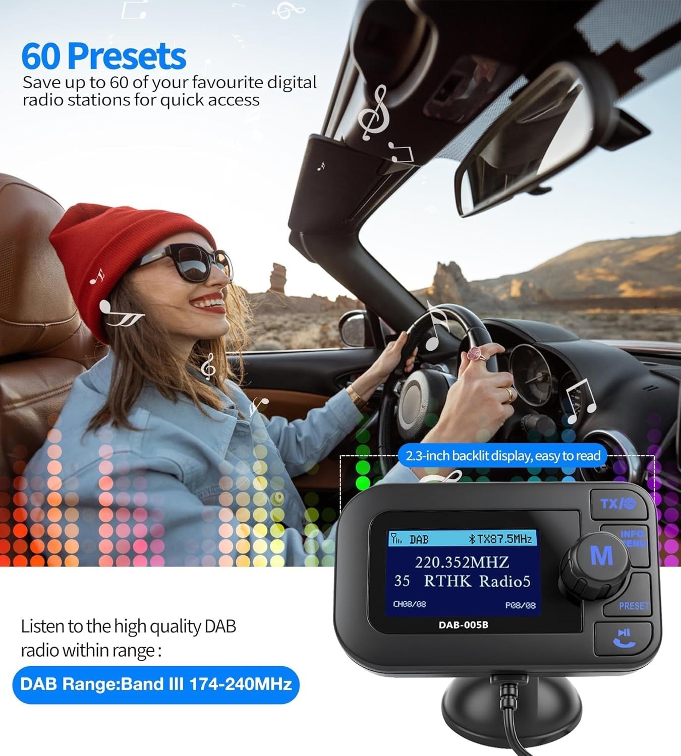 Car DAB/DAB+ Radio Adapter FM Transmitter w/ Bluetooth, AUX & USB