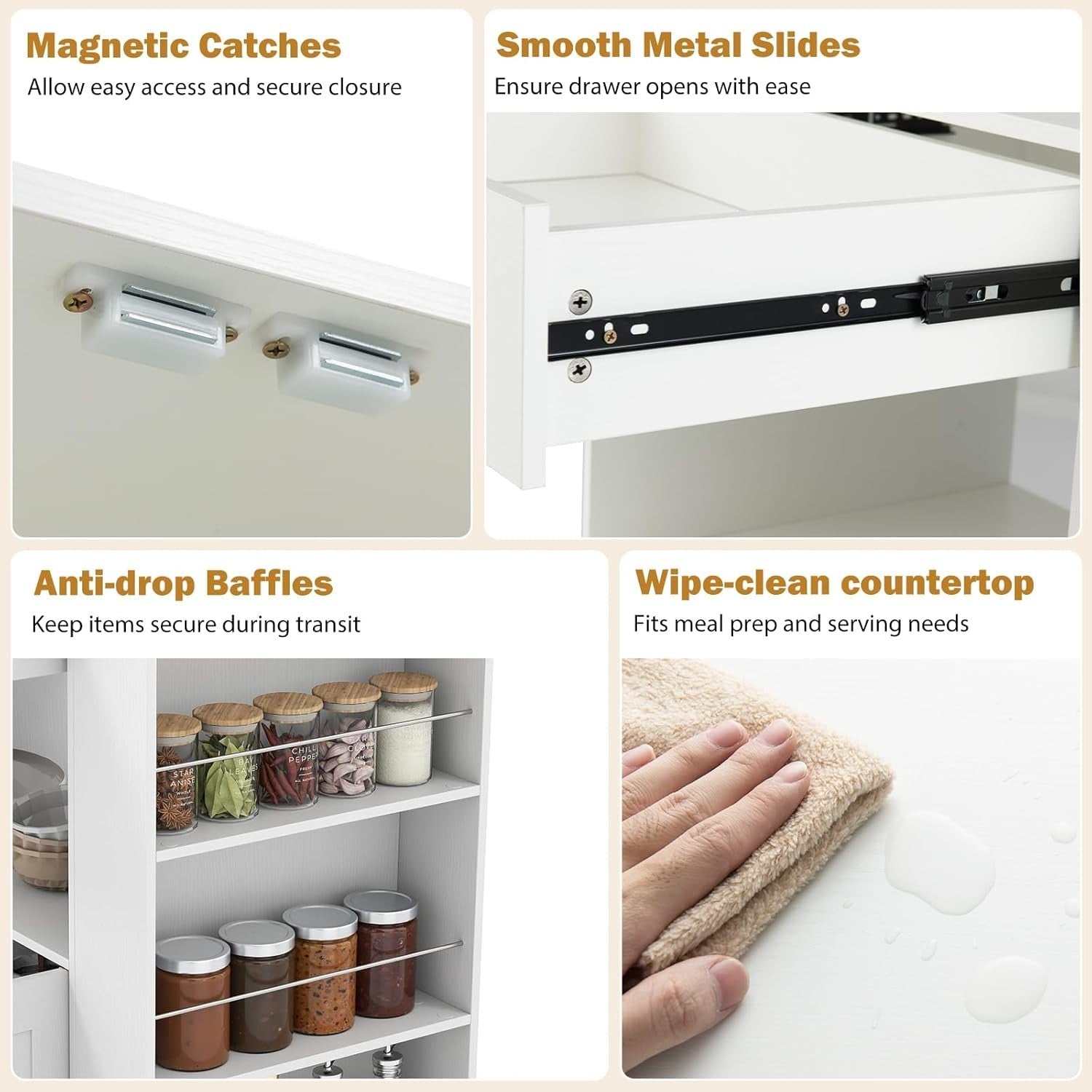 White Kitchen Island Trolley Cabinet with Spice Rack