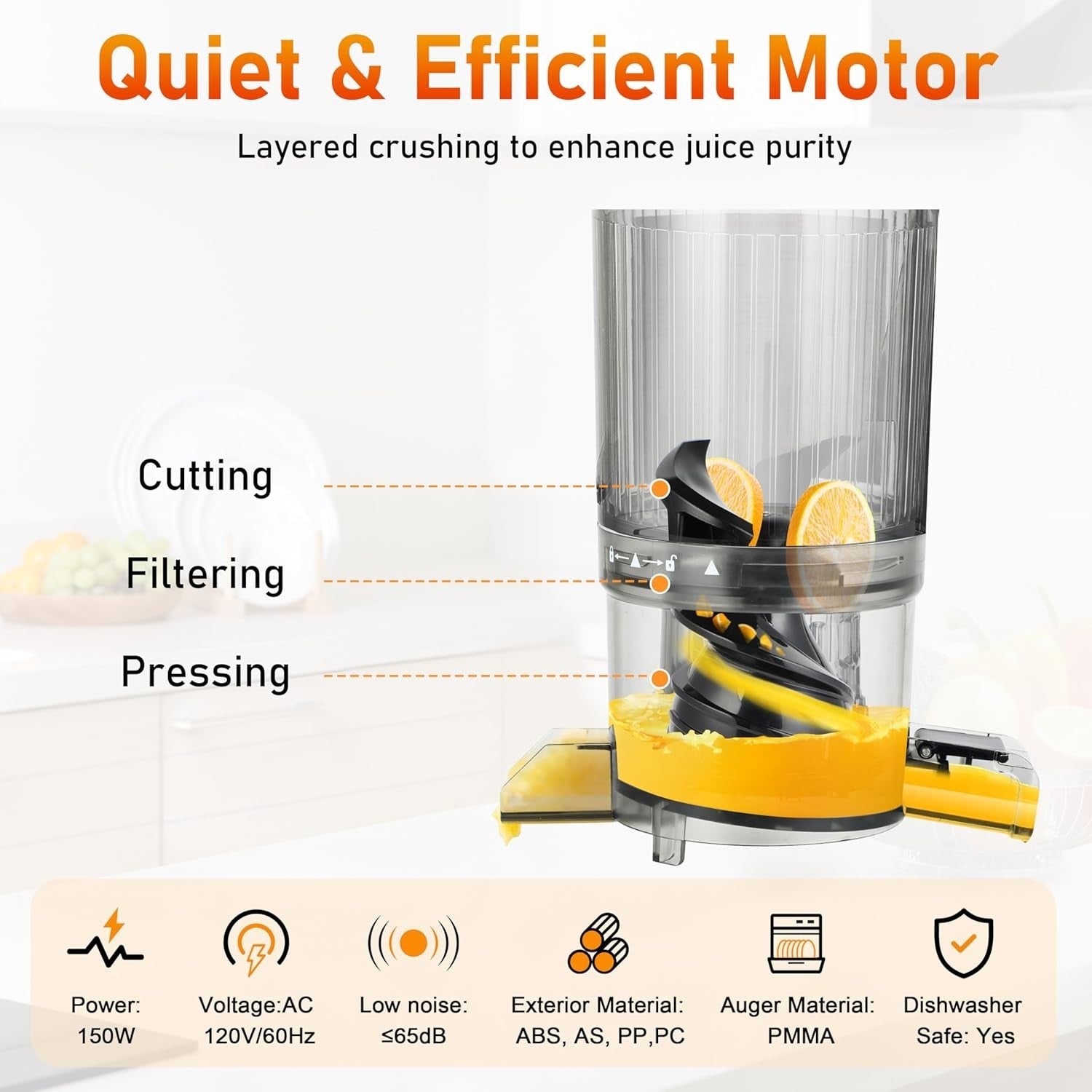 Cold Press Masticating Juicer 3.5in Wide Chute High Yield Quiet 200W