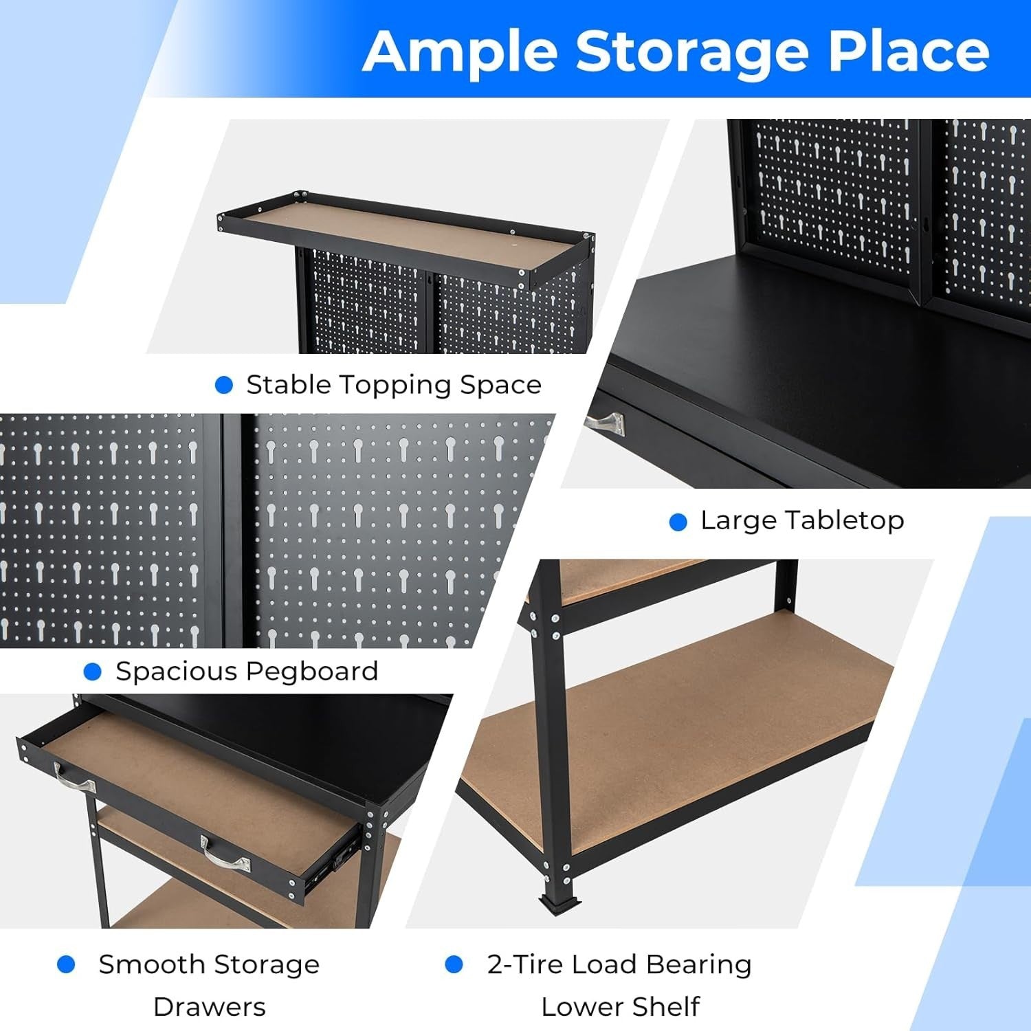 Heavy Duty Workbench 81x41x156cm Pegboard Shelves Drawer Metal Garage Table