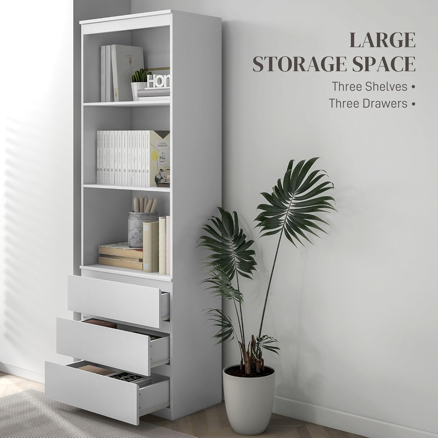 Tall White 180cm Bookcase with Drawers Modern Slim Storage Shelf Display Unit