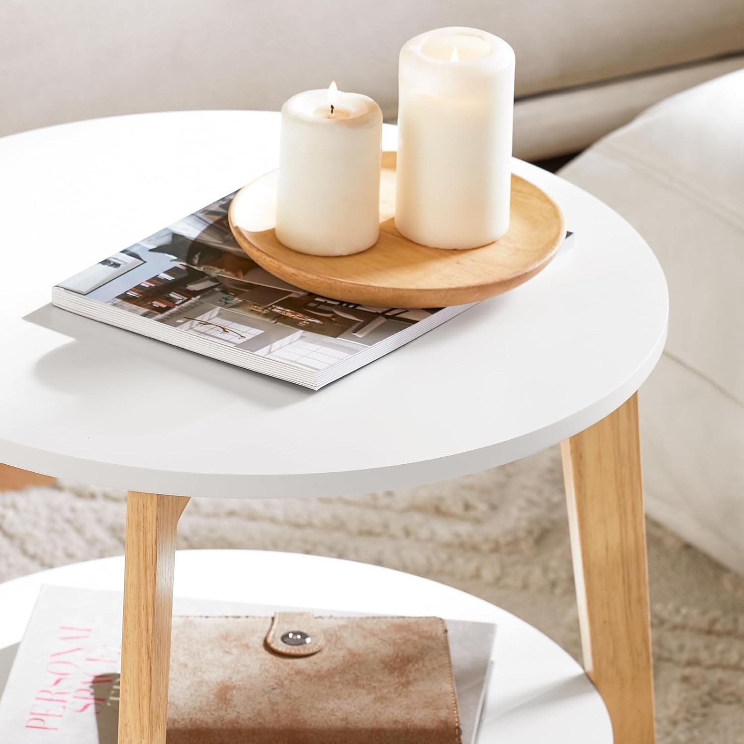 2x Nesting Round Coffee Tables Set Modern White Wood Side End Table Storage
