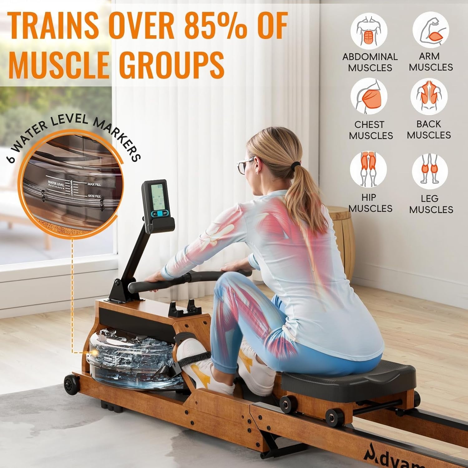 Foldable Oak Wood Water Rowing Machine Bluetooth LCD Home Rower 330LB Capacity