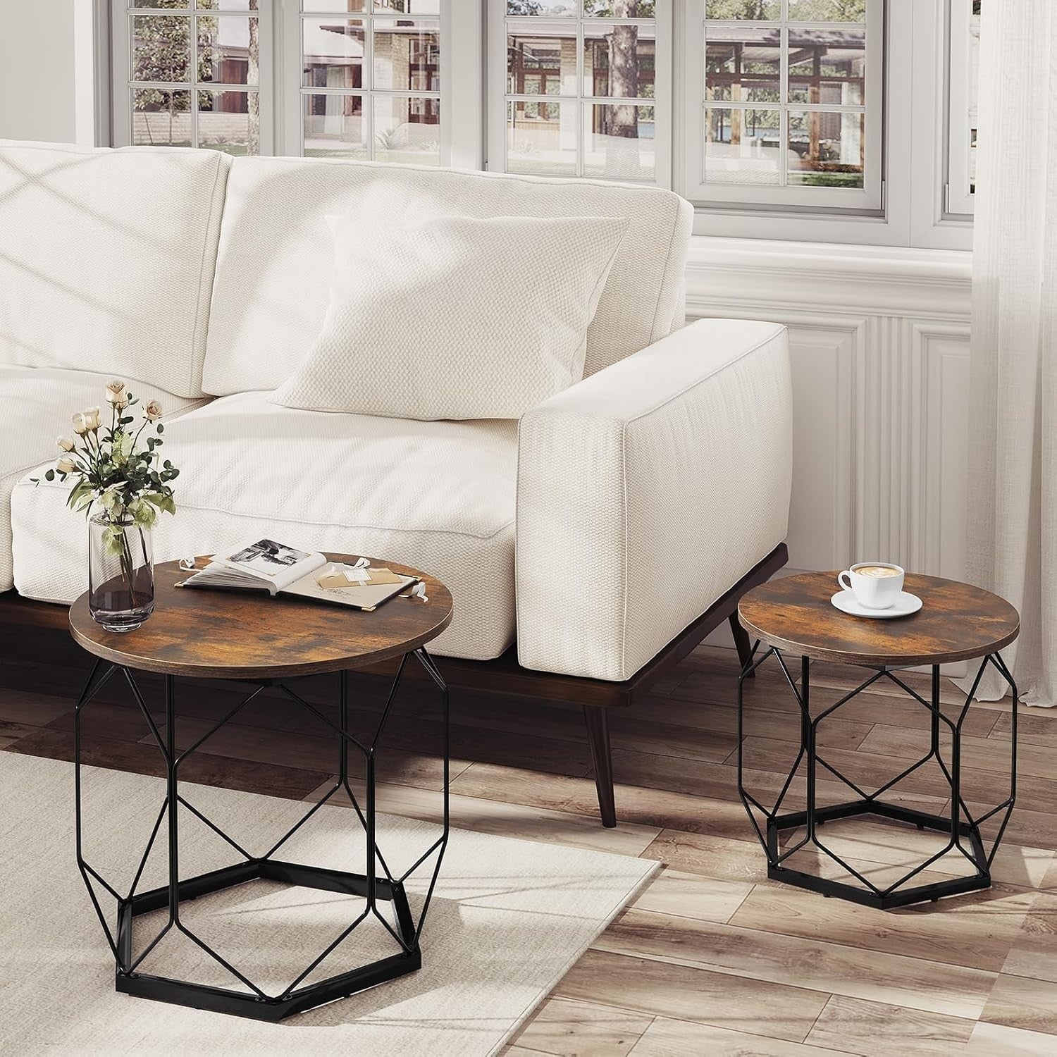 Set of 2 Round Coffee Tables with Removable Tops, Storage & Metal Frame
