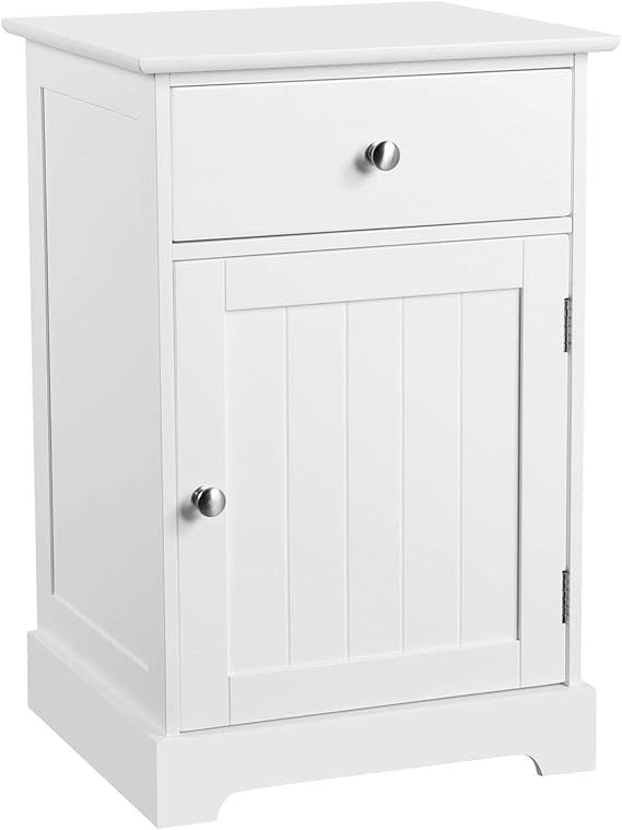 White Bedside Table with Drawer & Cupboard | Wooden Nightstand Storage Unit