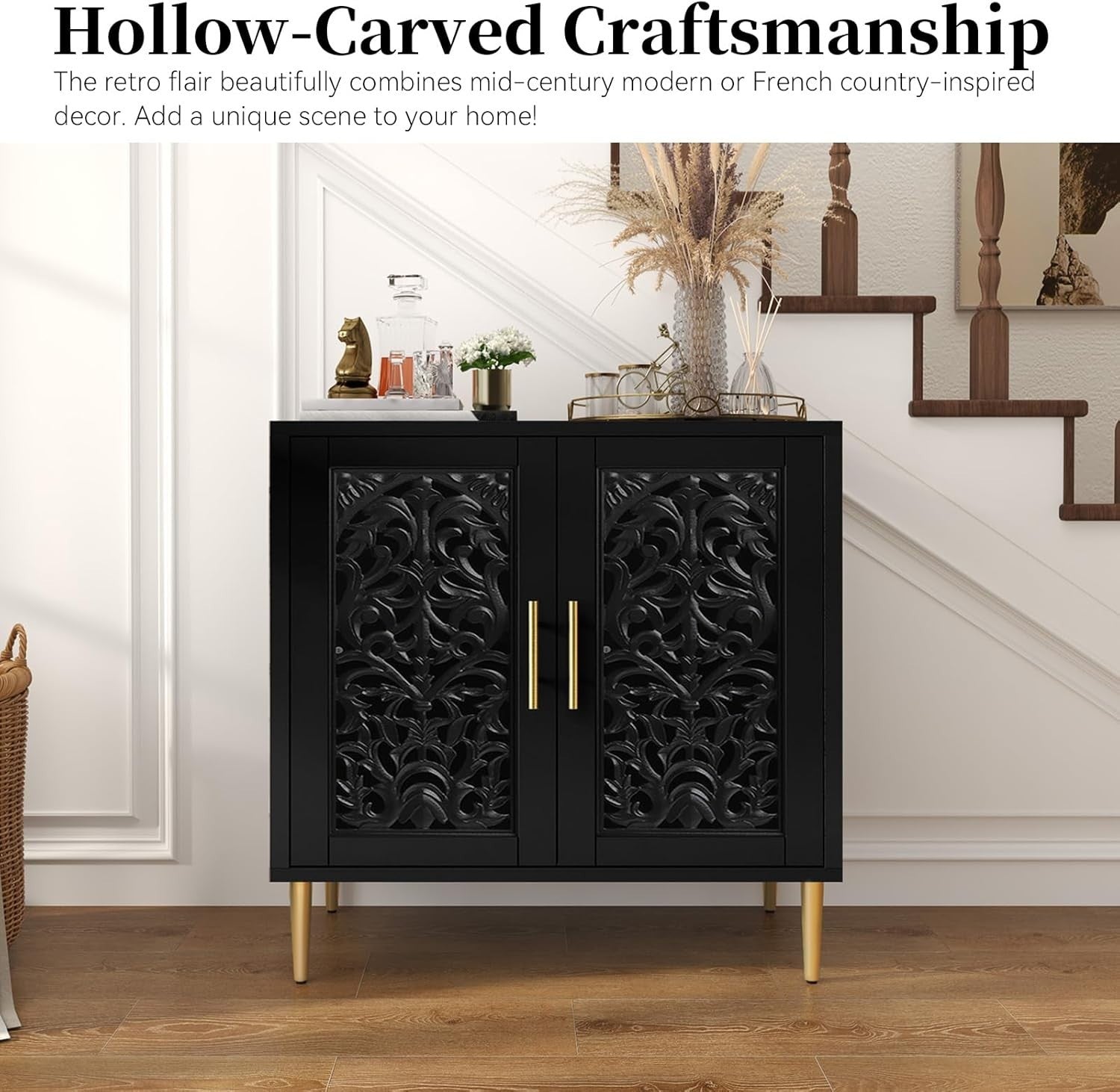 Black Vintage Sideboard Cabinet 2 Door Carved Storage Unit Hallway Accent