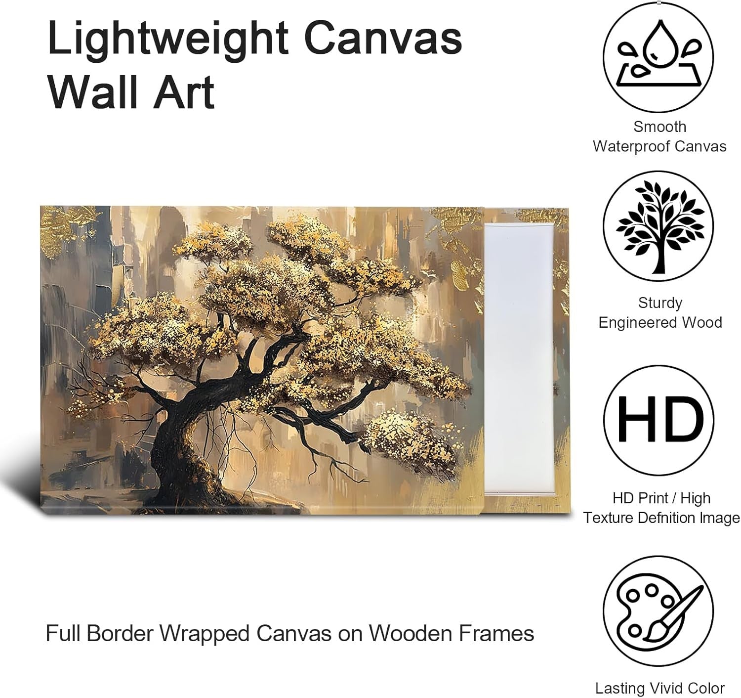 Gold Leaves Pine Tree Canvas Wall Art 90x60cm Framed Modern Decor