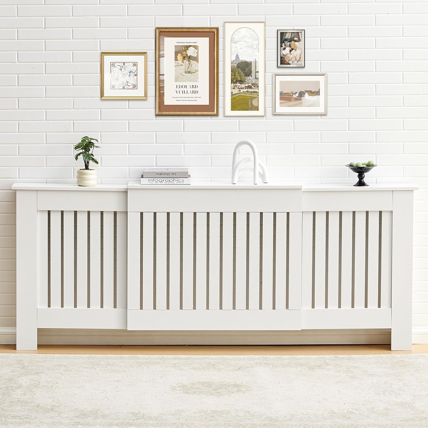 Adjustable White Radiator Cover Extendable Vertical Slat Cabinet