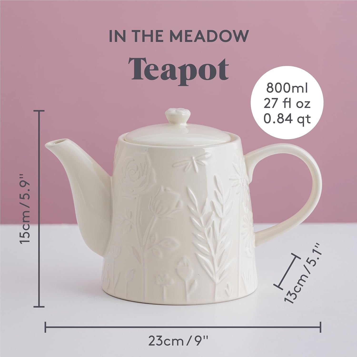 Ceramic Teapot 800ml Embossed Floral Stoneware Tea Pot Cream