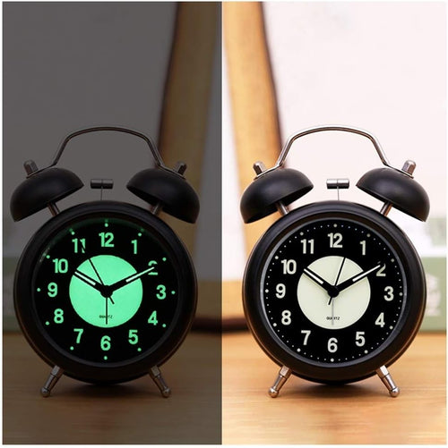 Glow Dial Twin Bell Alarm Clock Loud Silent Non Ticking Night Bedside