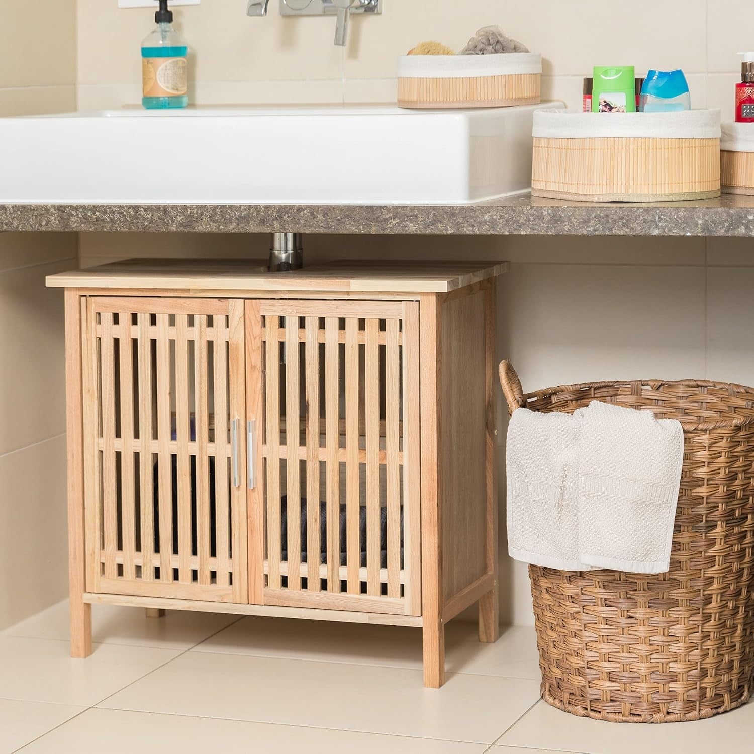 Natural Wood Under Sink Bathroom Cabinet – Freestanding Walnut Vanity Unit 66cm