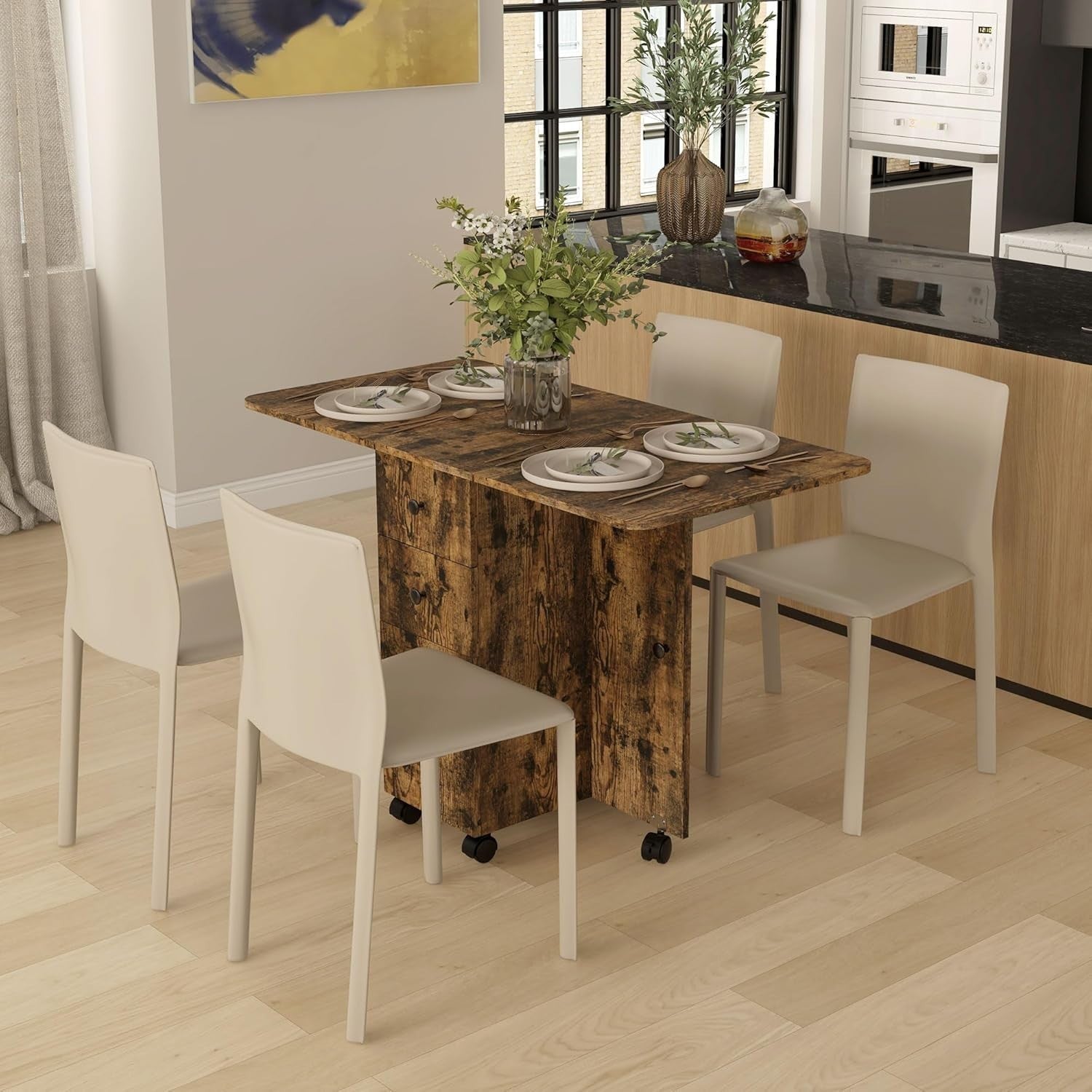 Folding Drop Leaf Dining Table 4-6 Seater on Wheels with Storage Rustic Brown