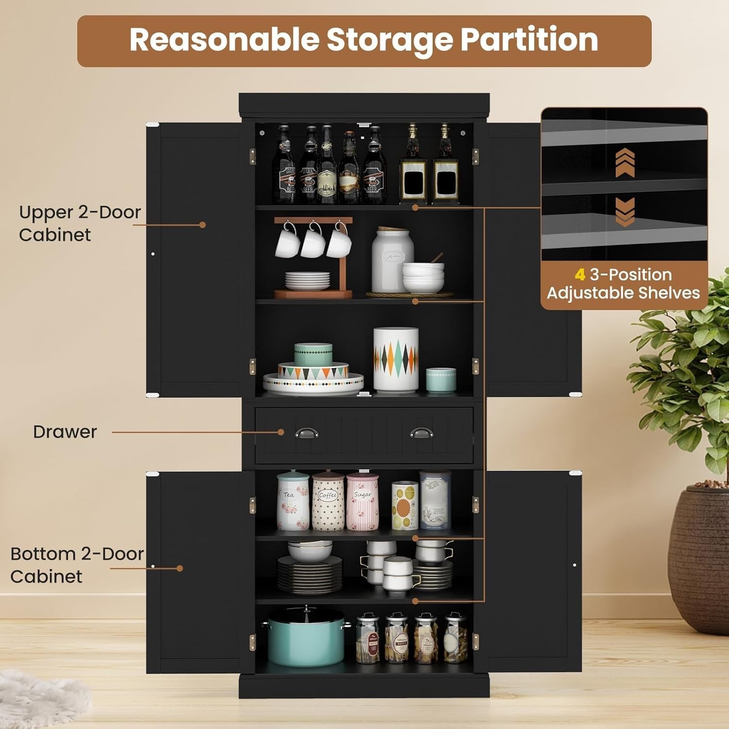 Black Tall Kitchen Cupboard 183cm Pantry Storage Cabinet Drawer Shelves