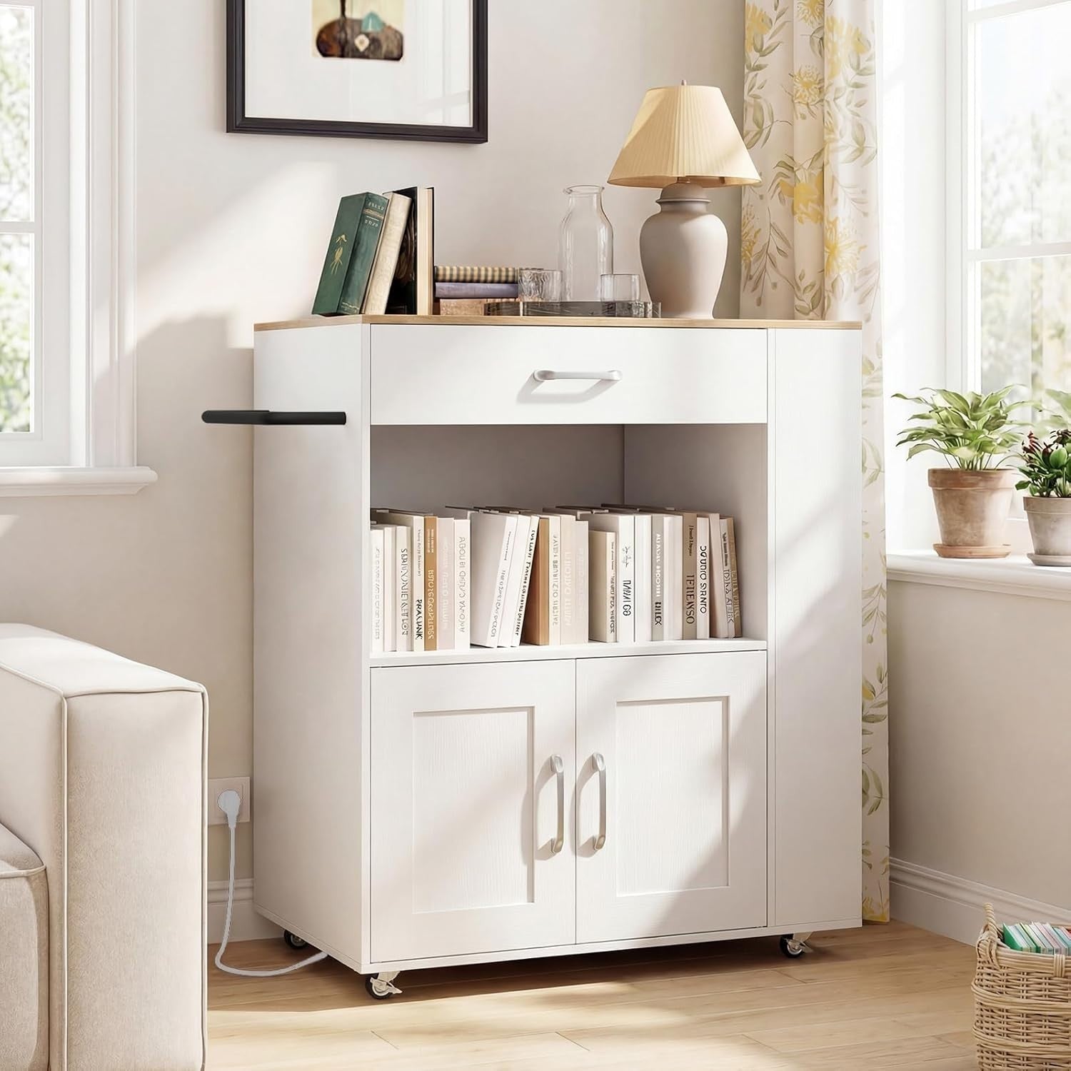 White Rolling Kitchen Island Cart with Power Outlets