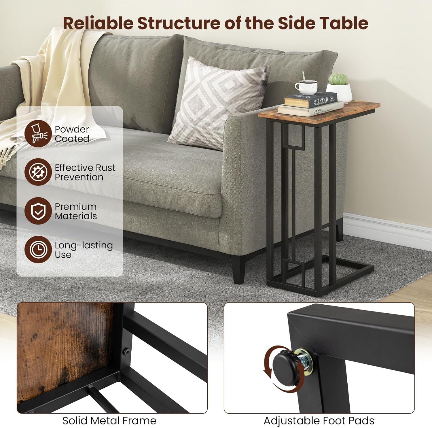 Industrial C-Shaped Side Table with Storage Shelf Modern Slim Sofa Laptop Stand