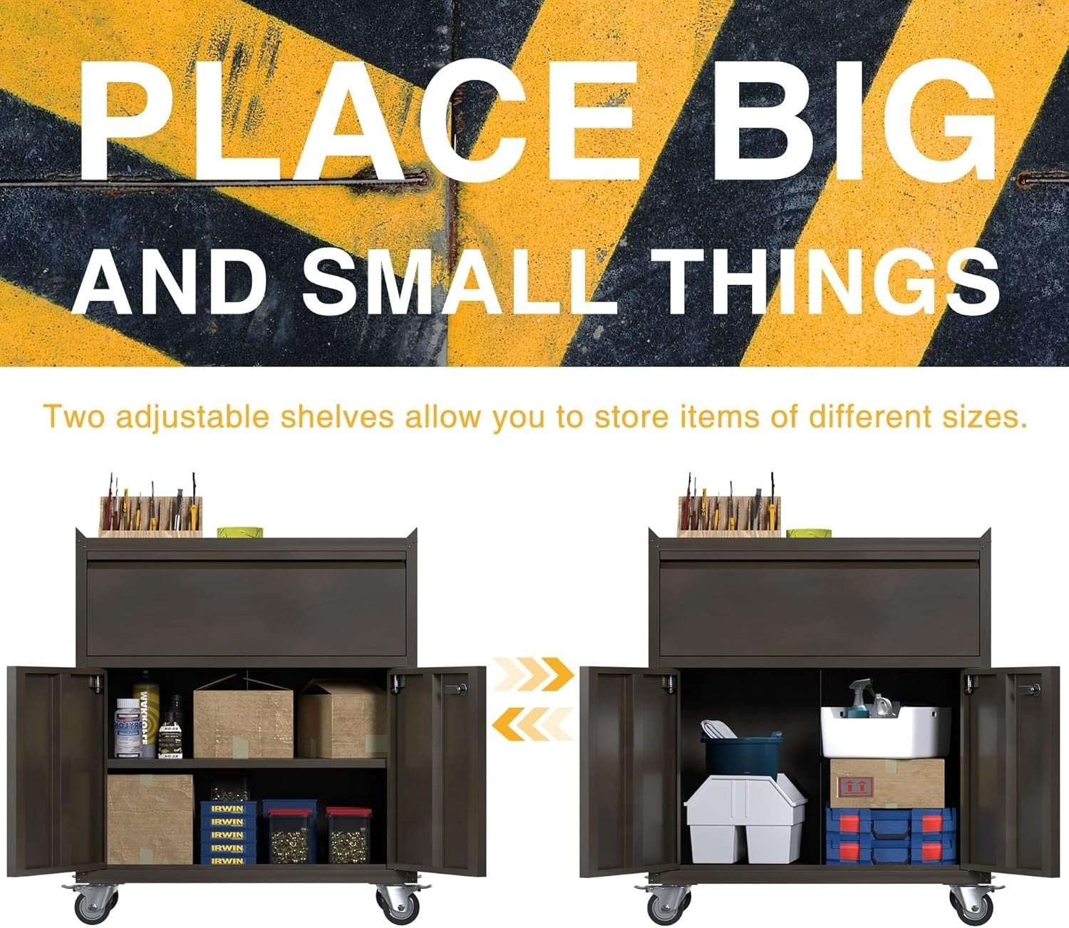 Mobile Steel Storage Cabinet with Wheels, Drawer & Lockable Doors 90H cm