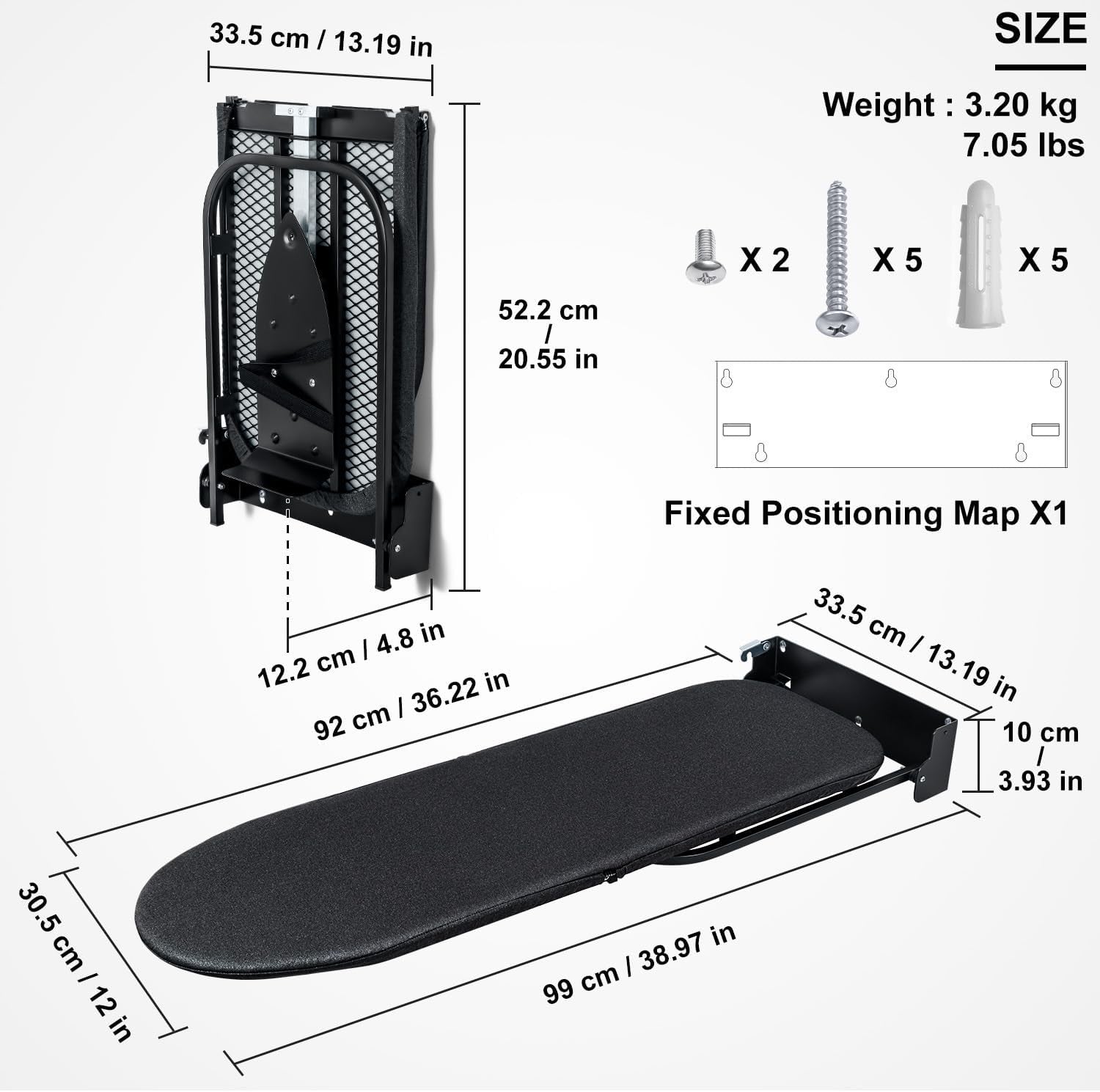 Wall Mounted Folding Ironing Board Cabinet Compact Space Saving 93cm
