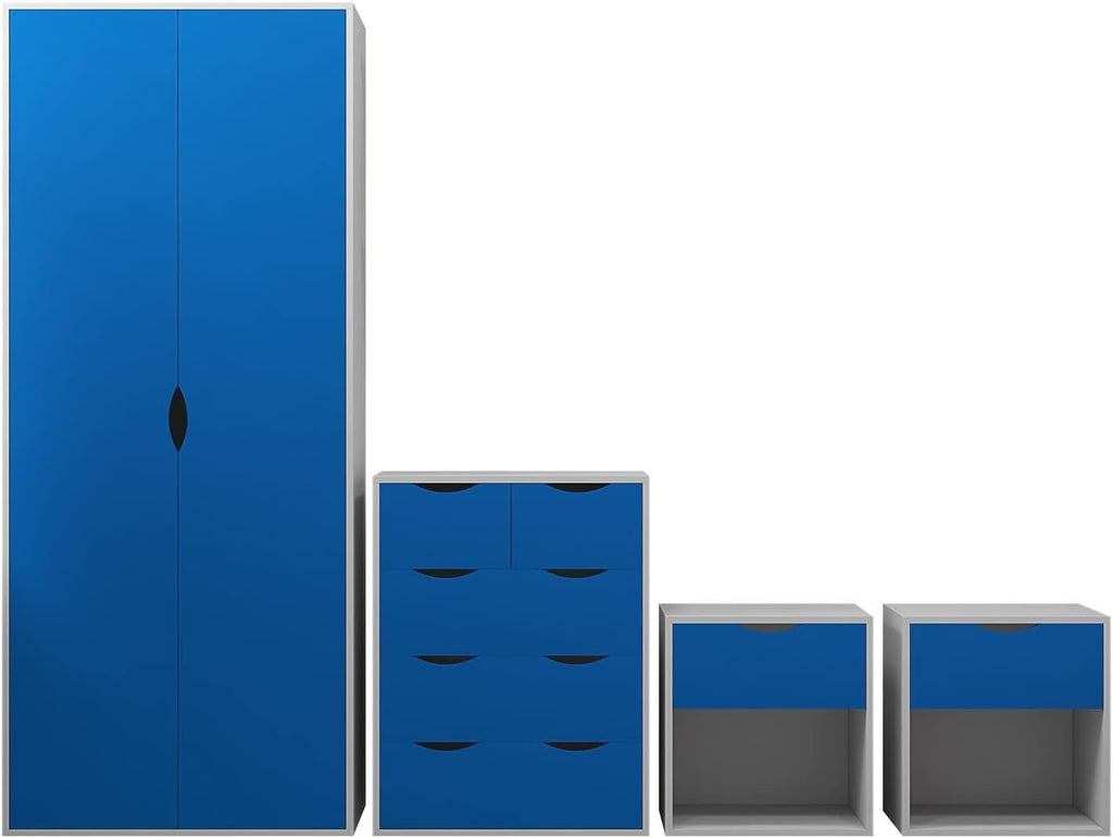 4pc Bedroom Furniture Set Wardrobe Chest Bedside Cabinet Blue on White