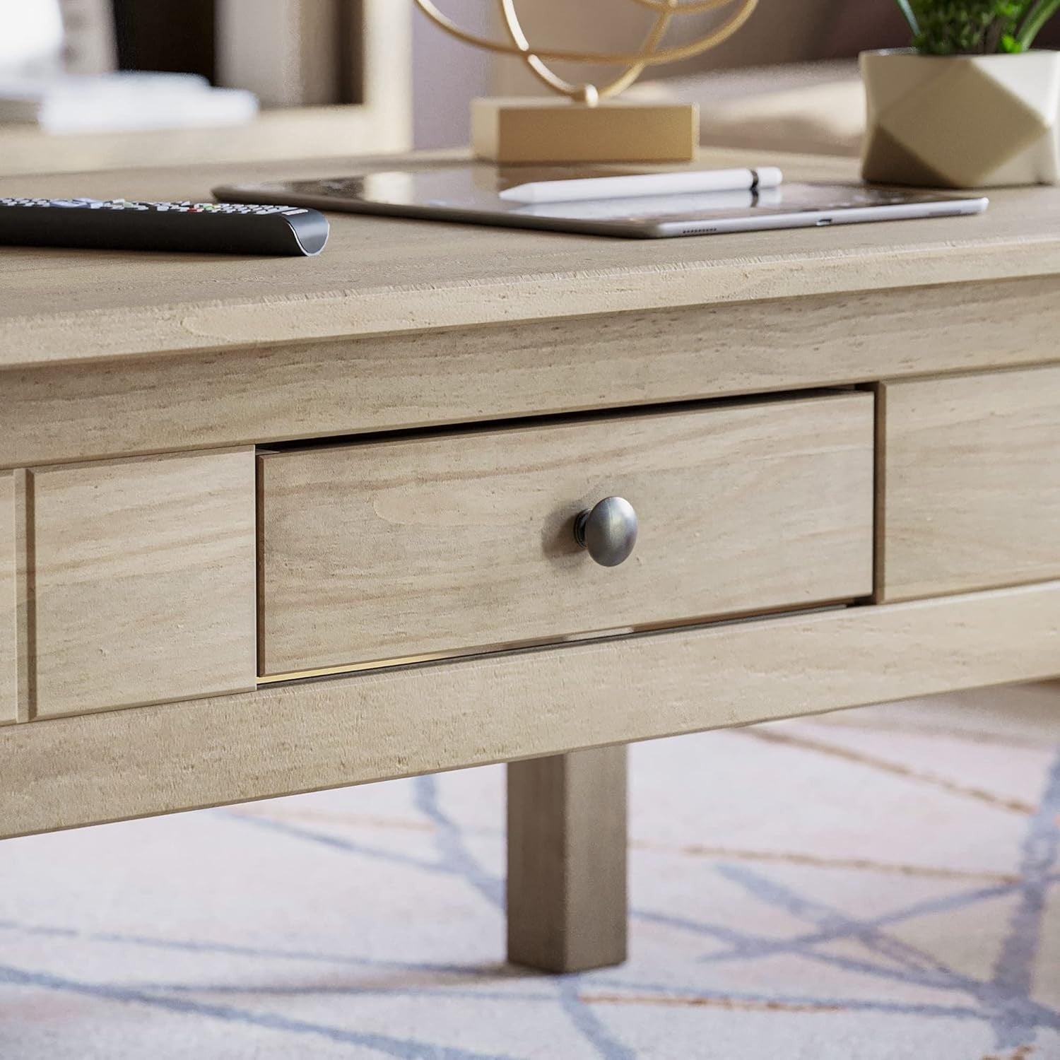 Rustic Natural Oak Coffee Table with Storage Drawer, Solid Pine Wood 60x100cm