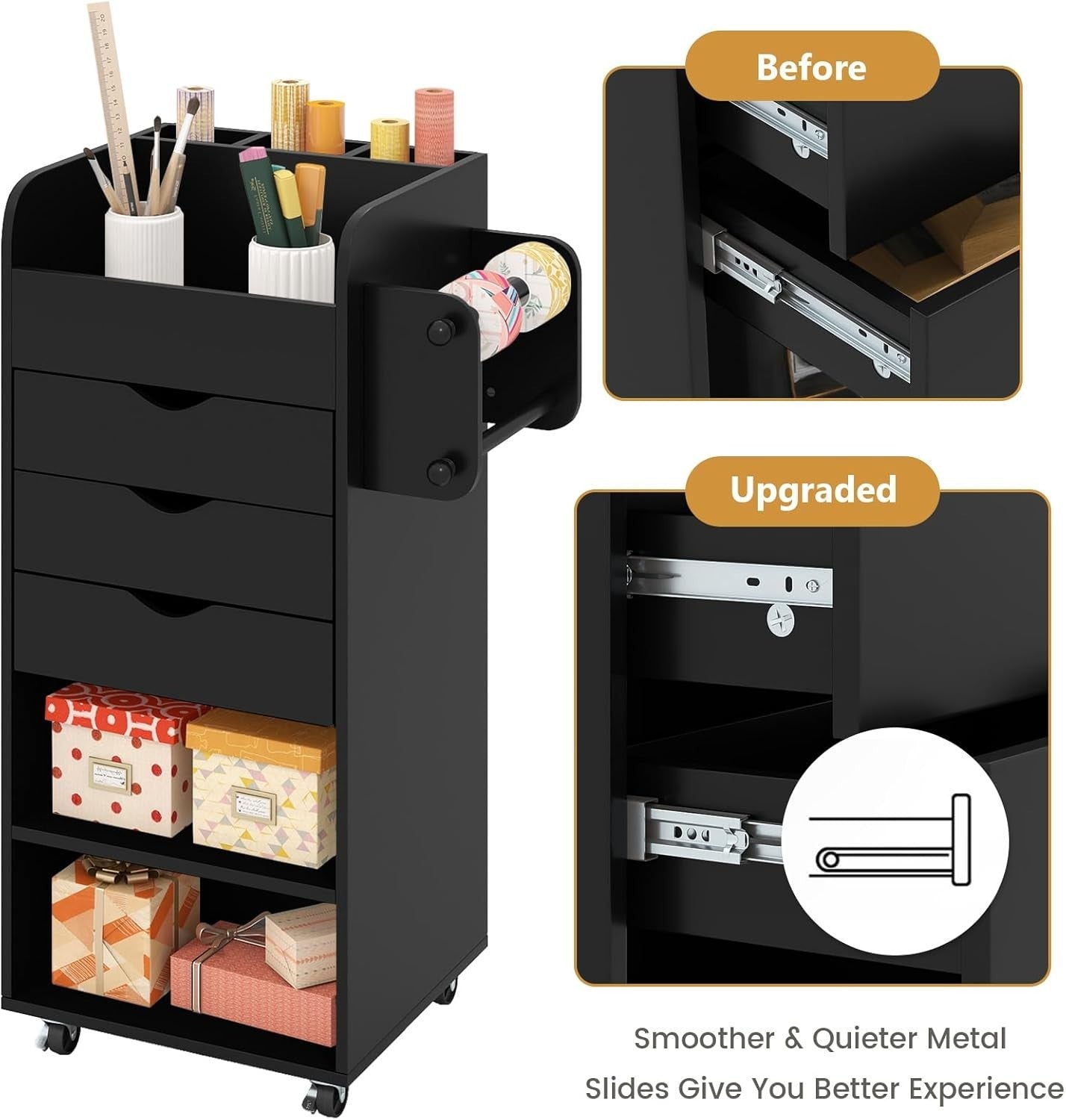 Black Mobile File Cabinet 86cm 3 Drawer Under Desk Storage