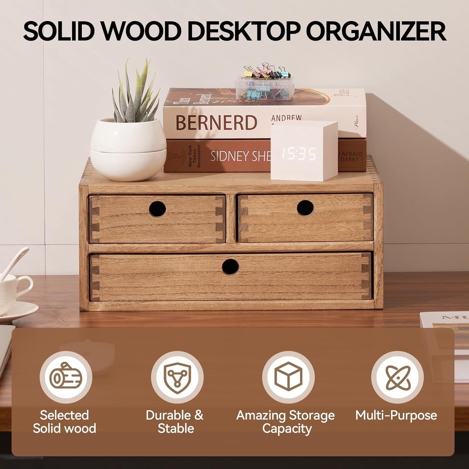 Wood Desktop Organizer 3 Drawer Office Filing Storage Jewelry Box